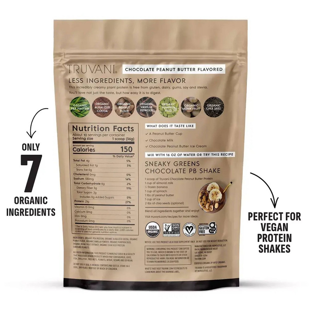 Truvani Organic Plant Based Vegan Powder – Chocolate Butter – 8.75oz/10 Servings
