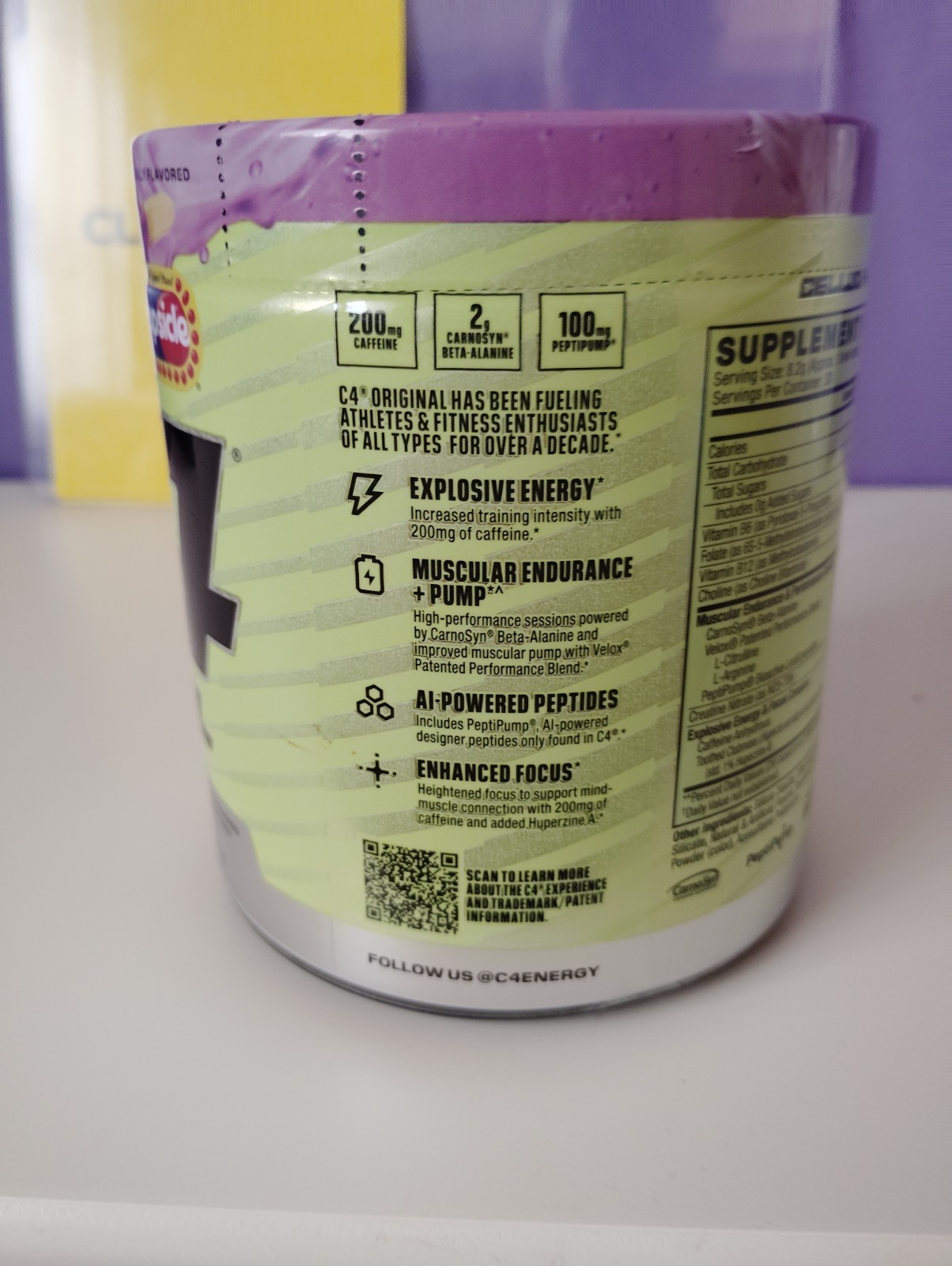 This is a Cellucor C4 Original Pre-Workout powder in the Grape Popsicle flavor.