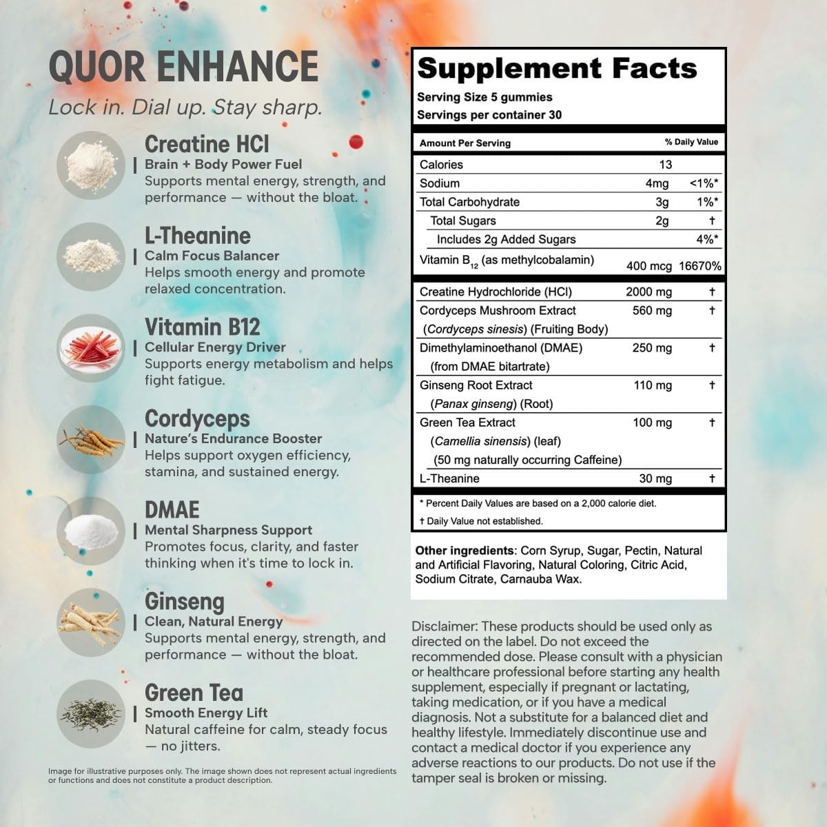 Vegan Nootropic Creatine HCl w/ Cordyceps L-Theanine DMAE B12 Etc : 150 GUMMIES