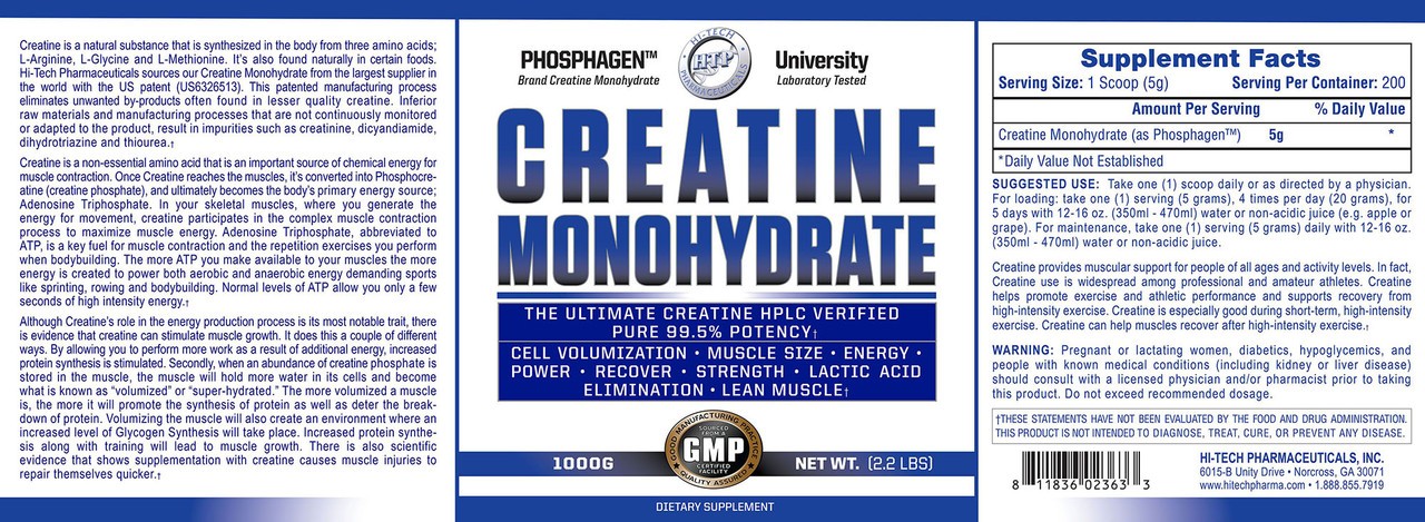 Hitech Pure CREATINE Monohydrate Phosphagen Brand HPLC 1000 Grams 2.2 Lb