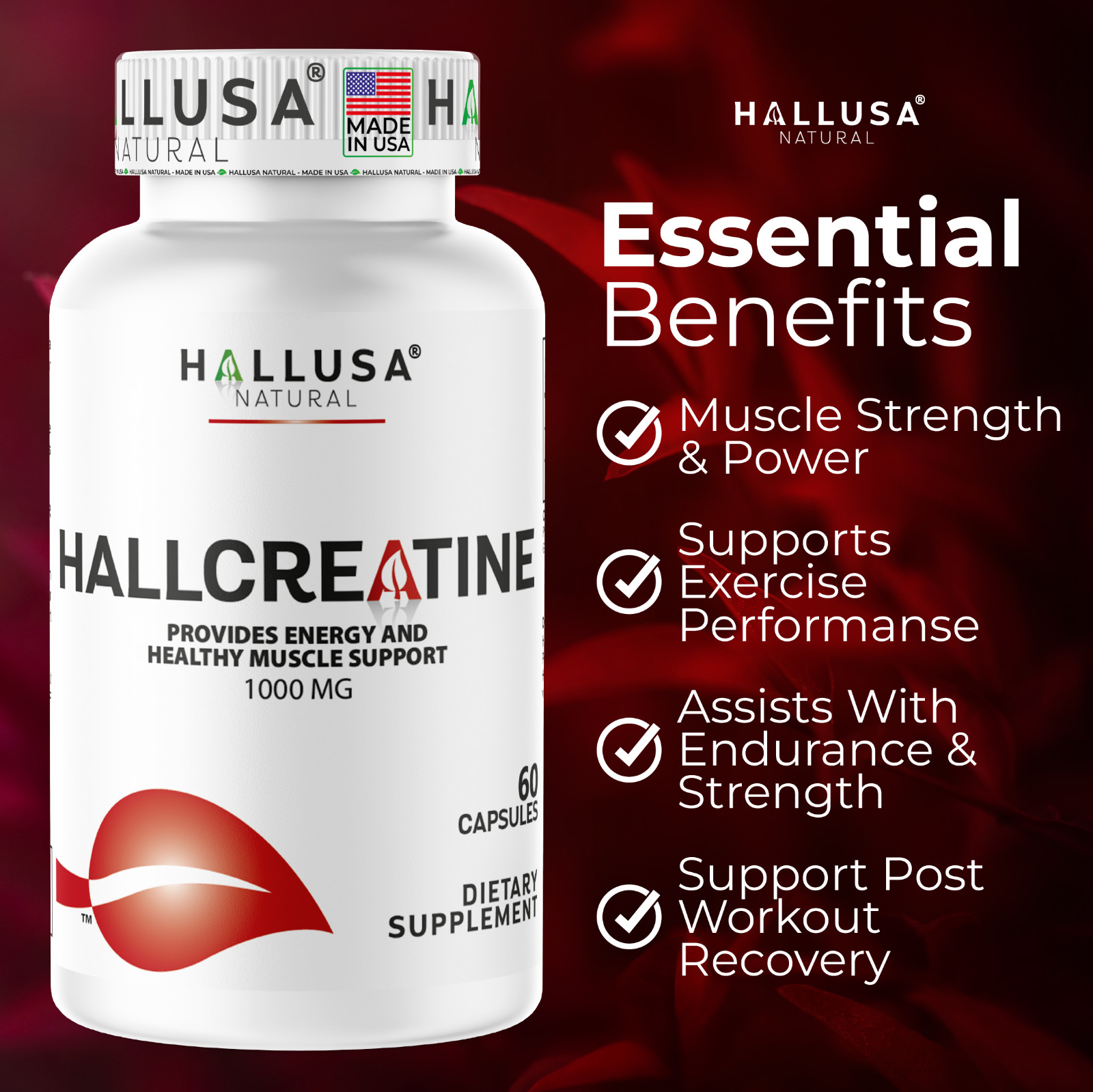 Creatine Monohydrate 1000 mg – Bodybuild, Muscle Growth & Recovery – 60 Capsules