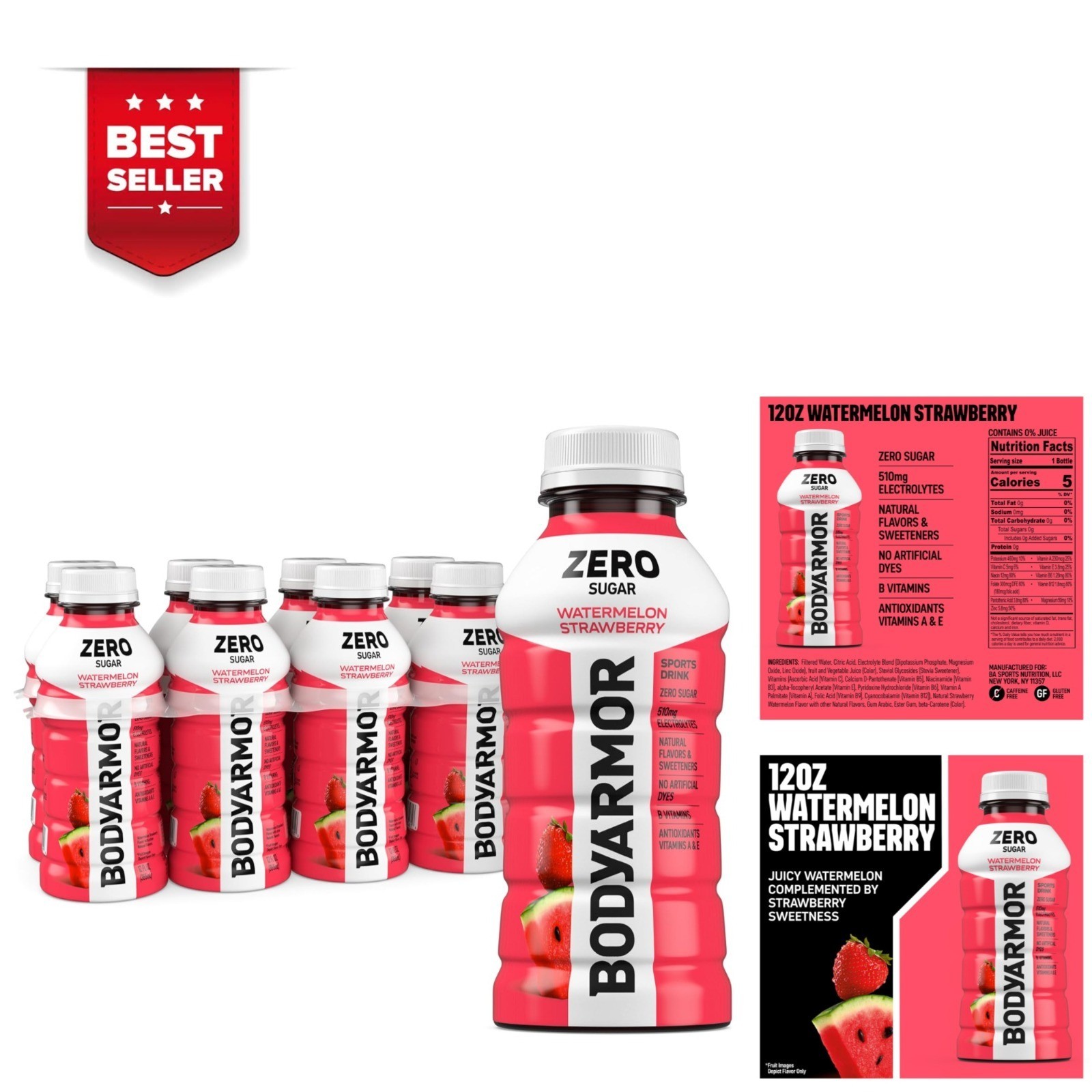 BODYARMOR Zero Sugar Watermelon Strawberry Electrolyte Drink 12 Fl Oz 8 Pack
