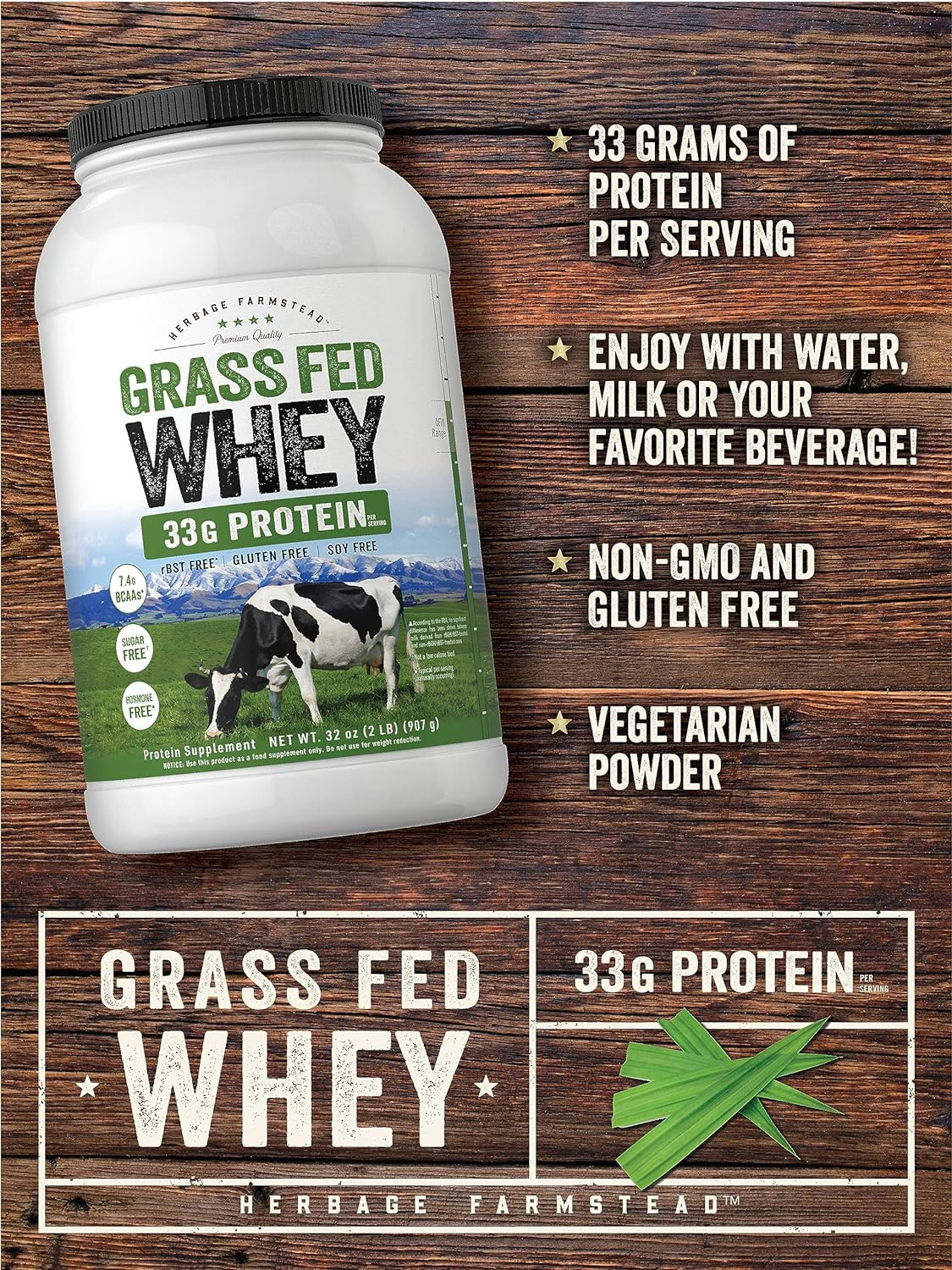 Grass Fed Whey Protein Powder 2Lb 33G of Protein per Serving Unflavored Sugar an