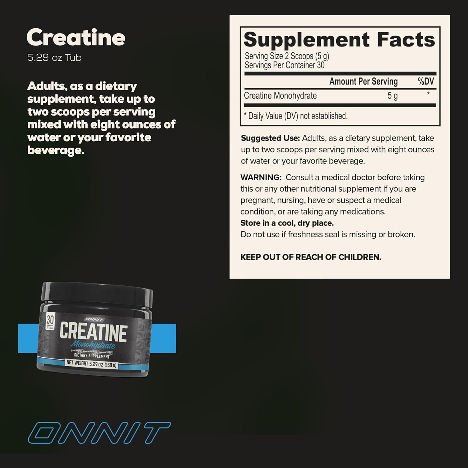 Onnit Creatine Monohydrate – 5g Per Serving (30 Tub), 5.29 Oz (Pack of 1) ,,,,