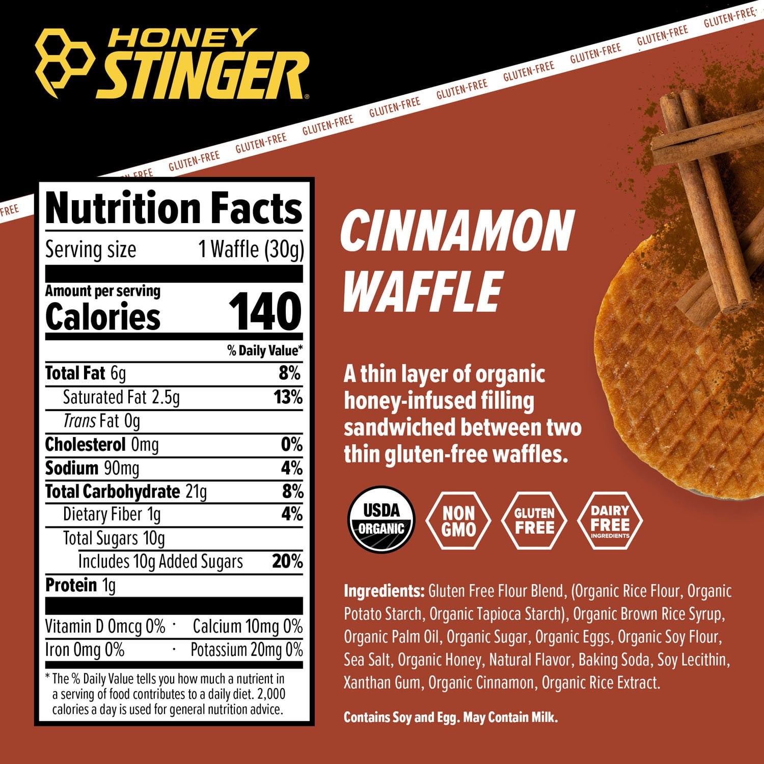 Honey Stinger Organic Energy Waffle, Gluten Free Cinnamon, Caffeine Free Healthy