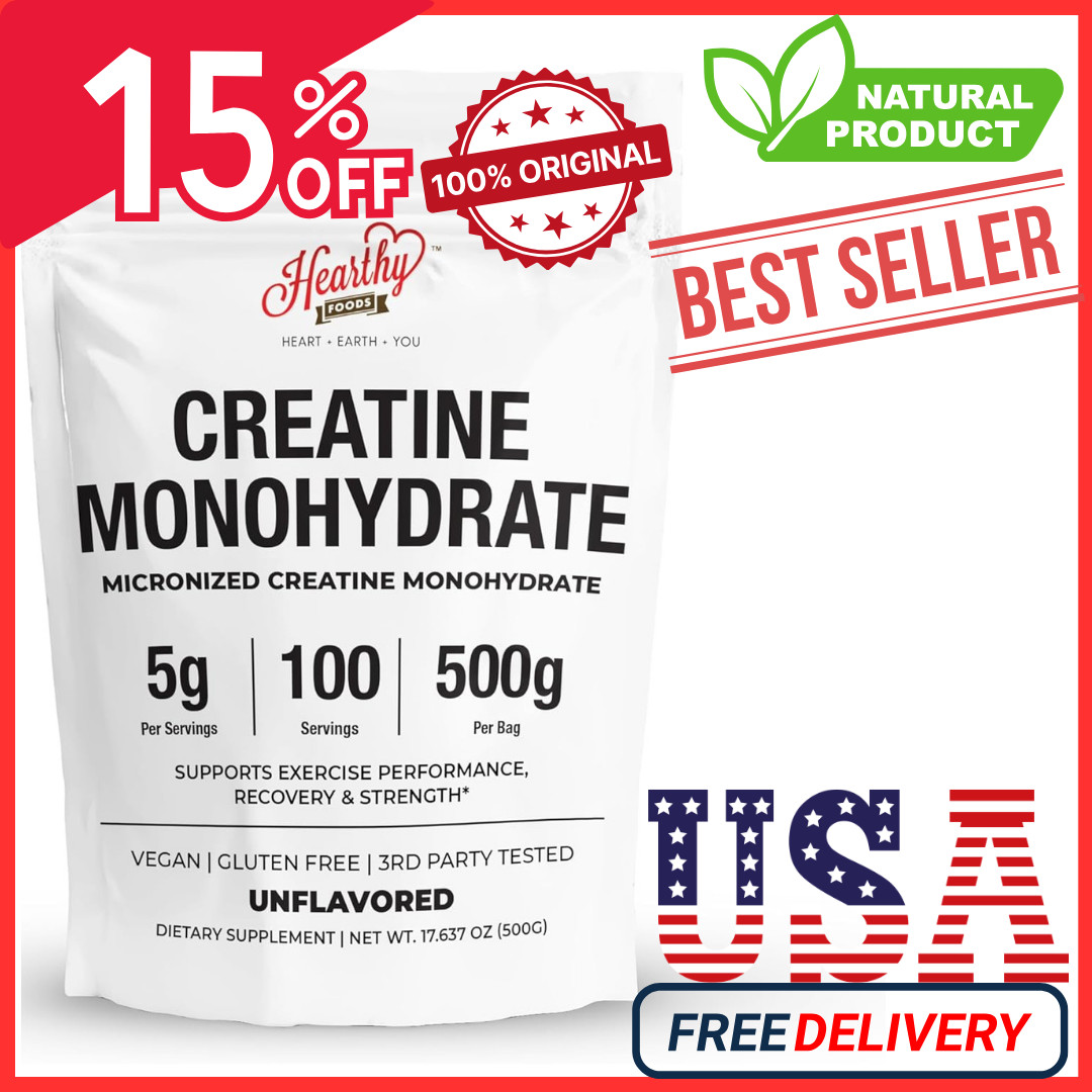 HEARTHY FOODS Creatine Monohydrate Micronized Powder 500G – 100 Servings, 5000mg