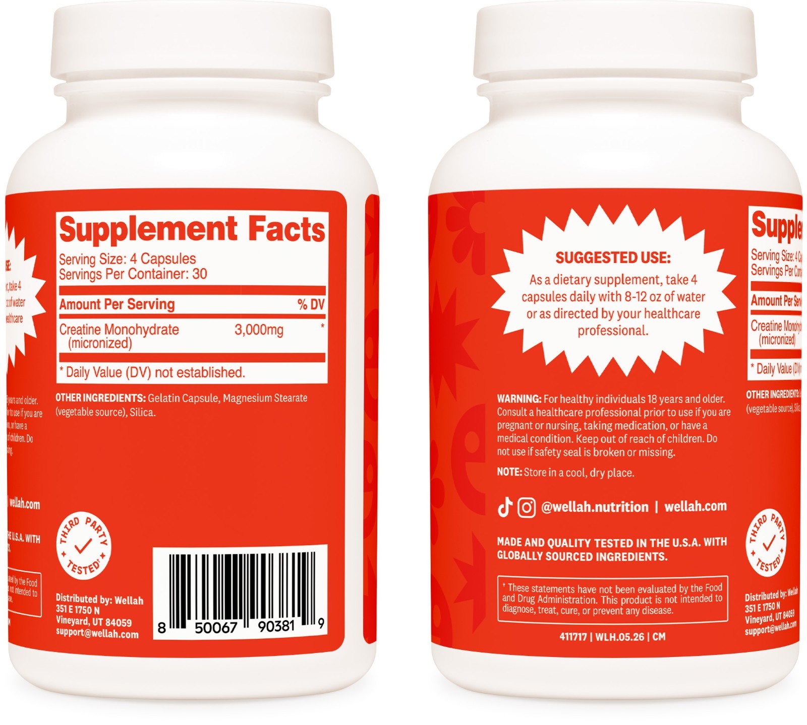 Wellah Creatine Monohydrate Capsules (3000 mg) 120 Capsules – Micronized