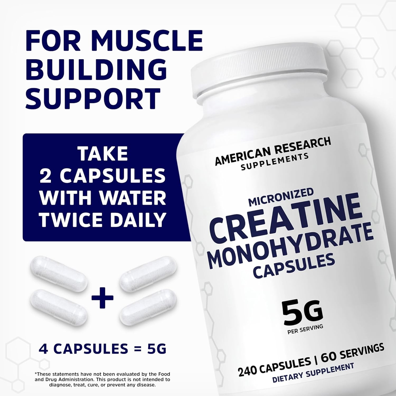 Creatine Monohydrate 5g Capsules 240 Count Vegan