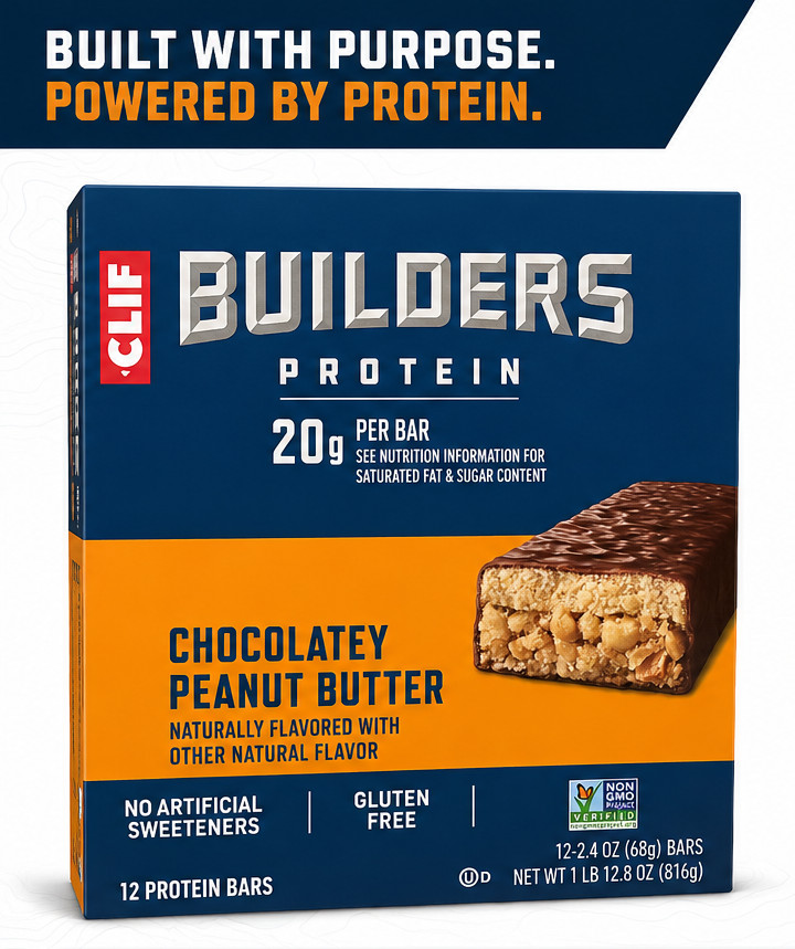 CLIF Builders Protein Bars Chocolatey Peanut Butter 12 Bars 20g Protein Gluten F