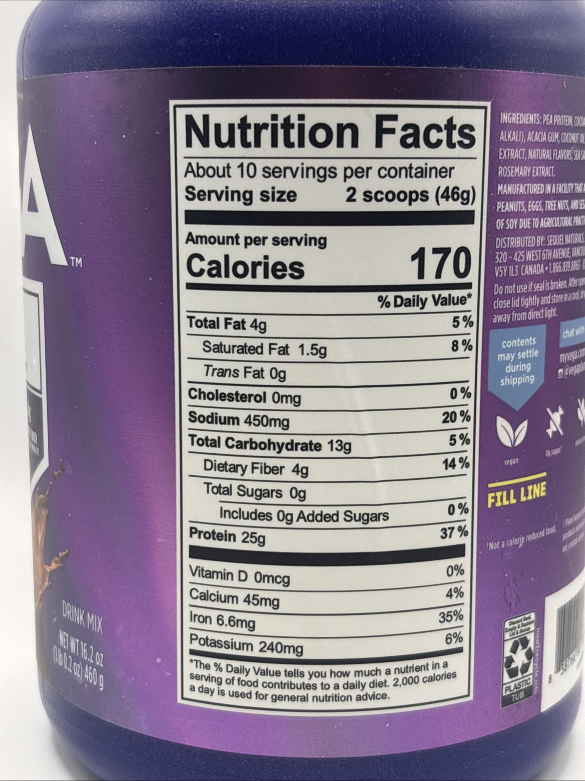 Vega Plant Based Original Protein Creamy Chocolate 16.2oz 25g Non Gmo Vegan11/26