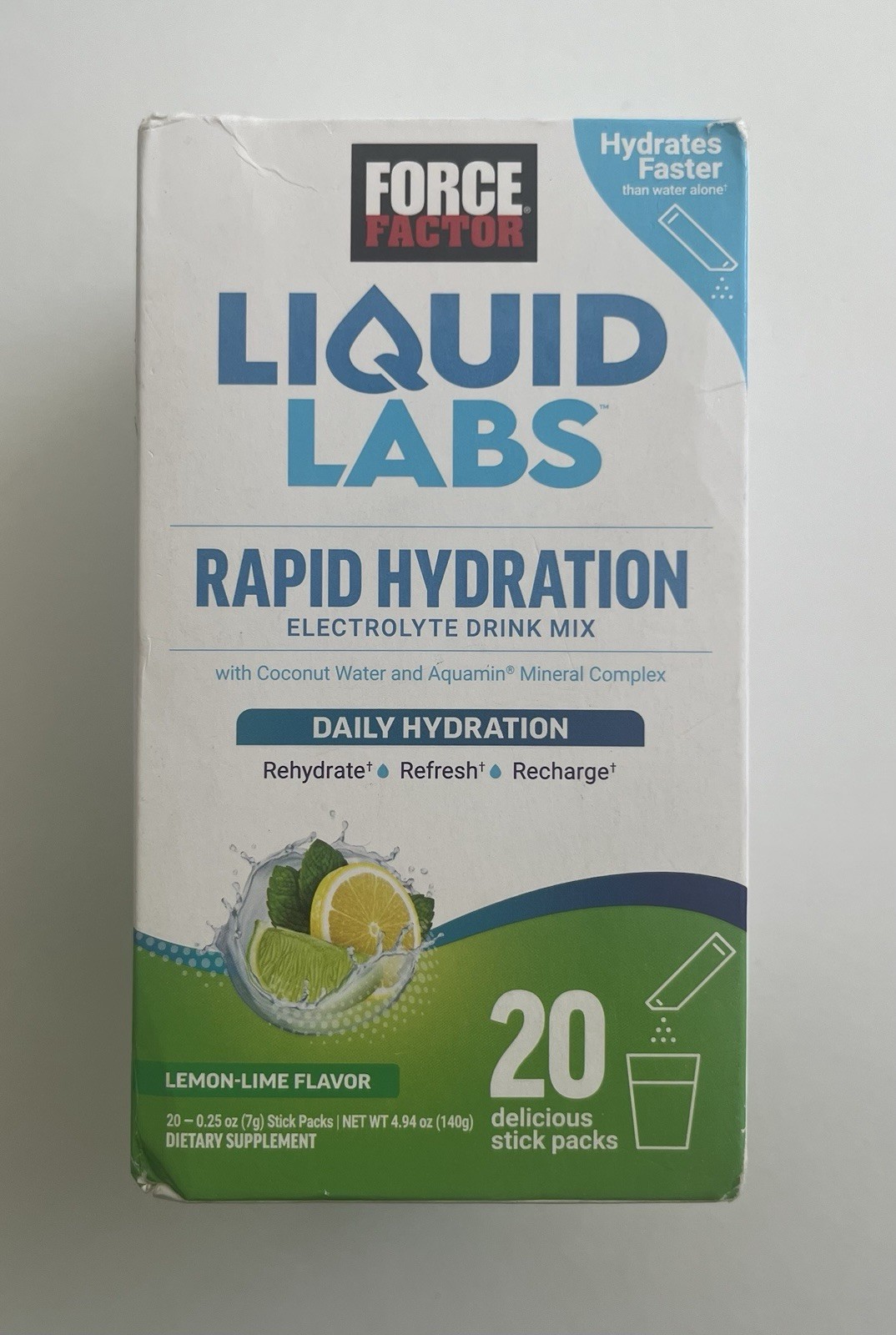 Force Factor Liquid Labs Rapid Hydration 20 Stick Packs NEW Lemon-Lime Exp 08/26