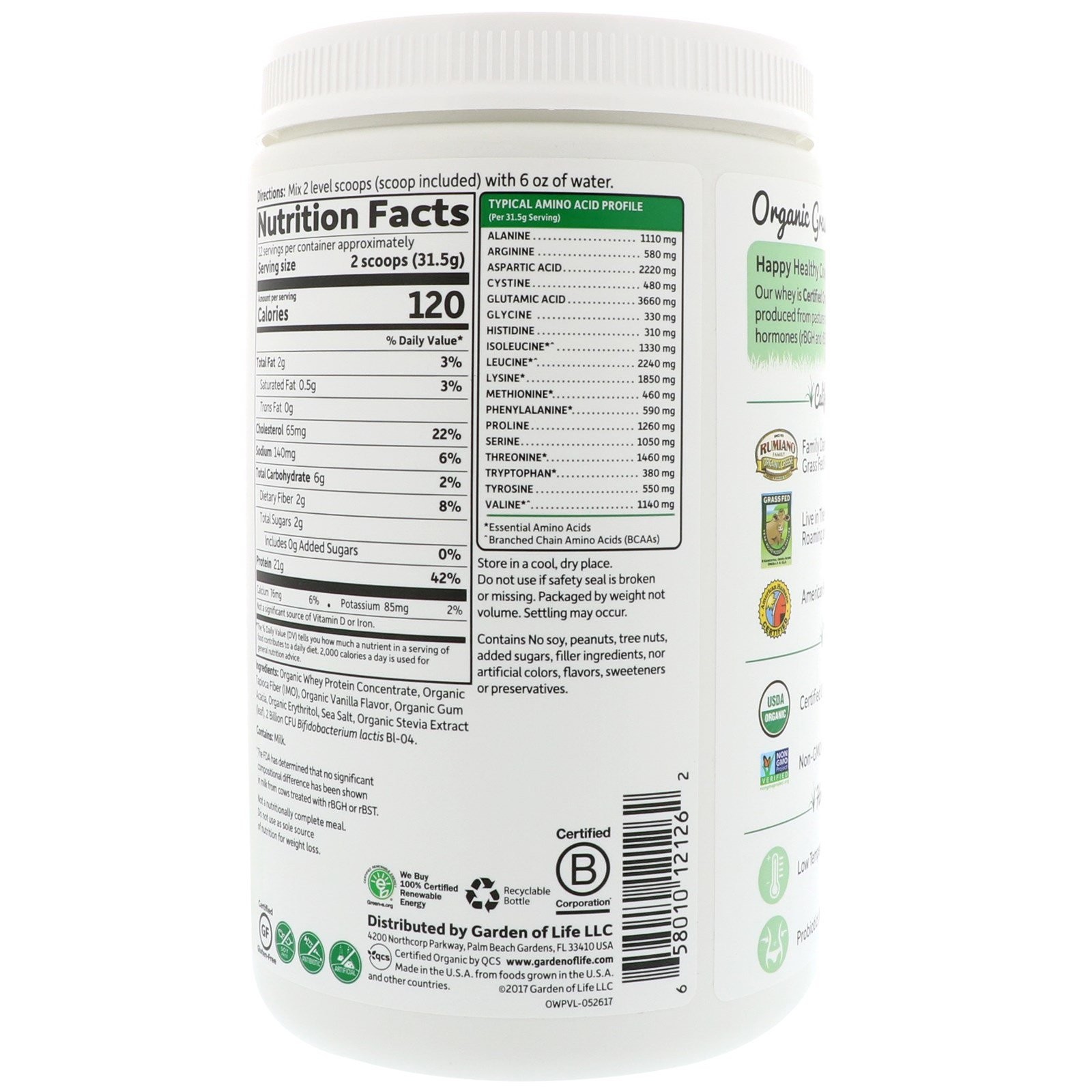Organic Whey Protein, Grass-Fed, Vanilla, 13.33 oz (378 g)