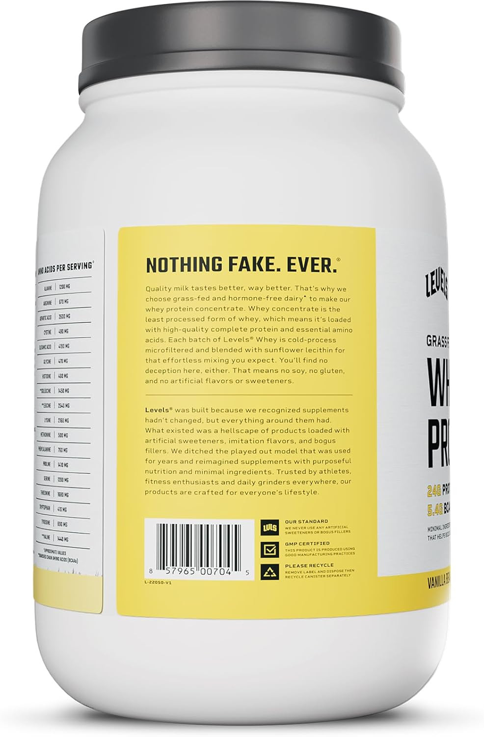 Levels Grass Fed Whey Protein Powder, No Artificials, 24G of Protein, Vanilla Be
