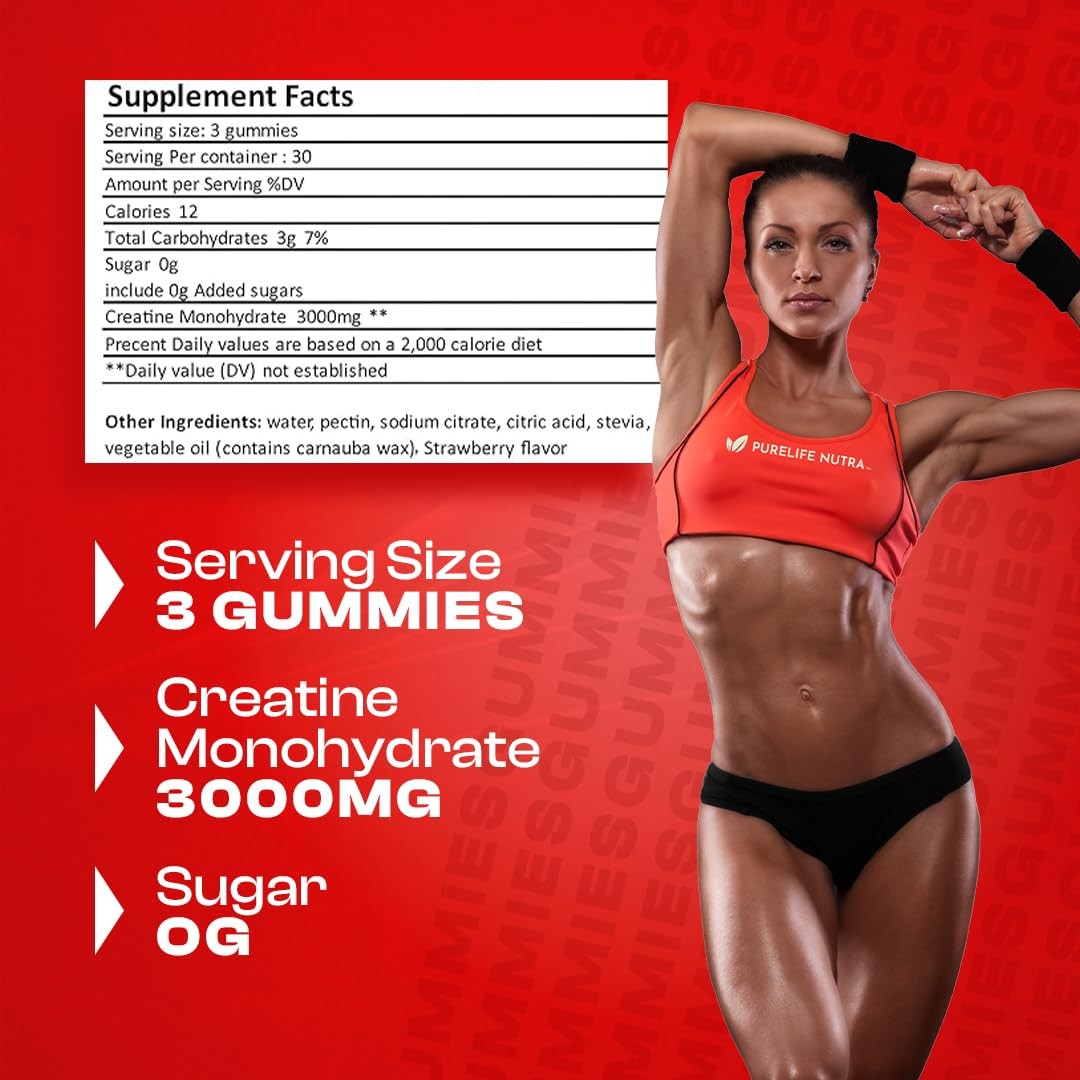 Creatine Monohydrate Gummies – 3g Serving, Sugar Free, 90 Count, Non-GMO, Des…