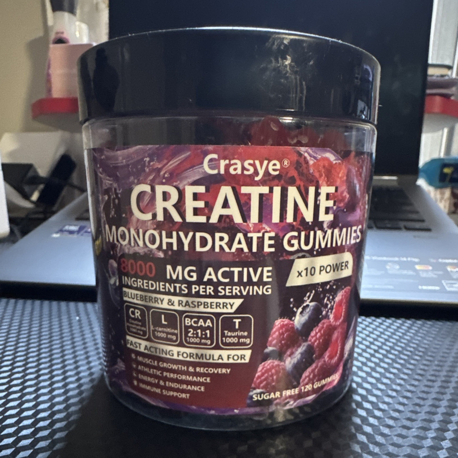 Crasye Creatine Monohydrate Gummies 5000mg Blueberry Raspberry 120 Vegan