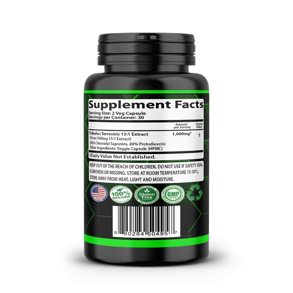 TRIBULUS TERRESTRIS 96% SAPONINS EXTRACT 60 VEGETABLE CAPSULES ORGANIC USA