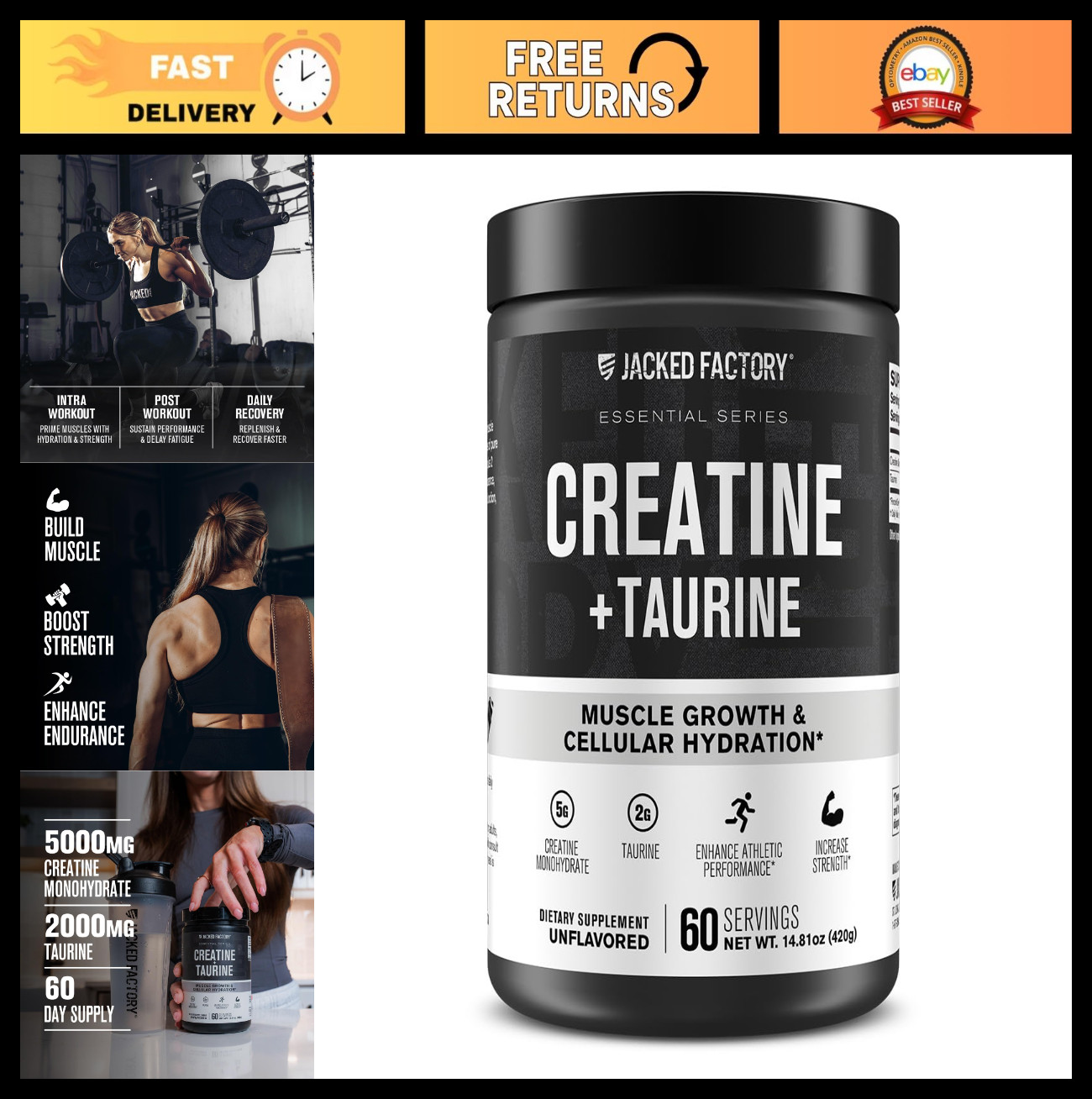 Creatine Monohydrate 5000mg + Taurine 2000mg – Muscle Strength & Hydration, 60 S