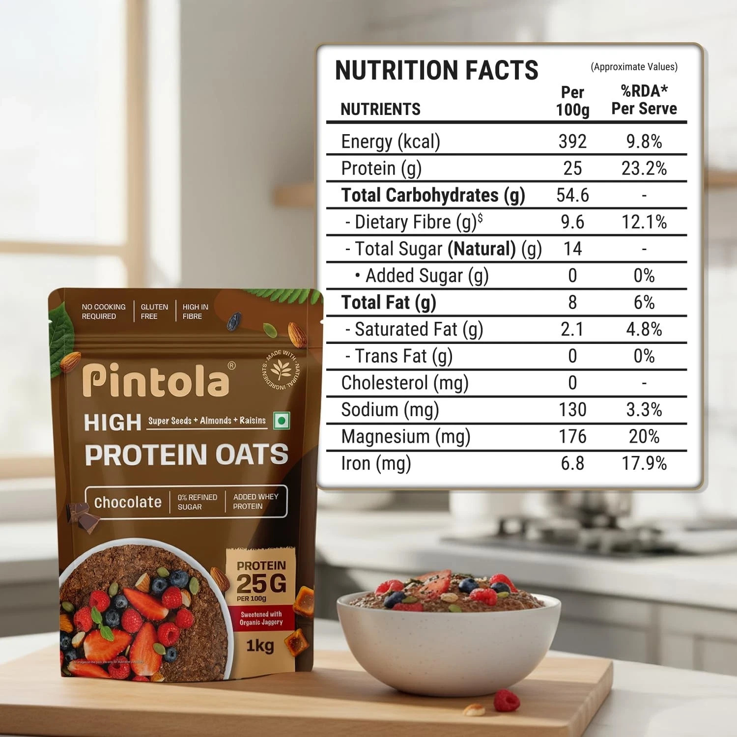 PINTOLA 25g High Protein Oats 1kg, Dark Chocolate for weight loss, Breakfast