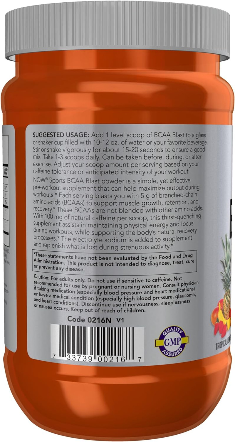 NOW Sports BCAA Blast Powder, 5 G BCAA, 100 Mg Caffeine, Tropical Punch, 21.16oz