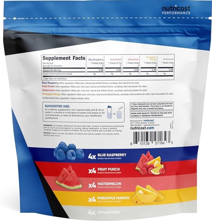 Nutricost Creatine Monohydrate Variety Stickpacks (5 Flavors, 20 Servings)
