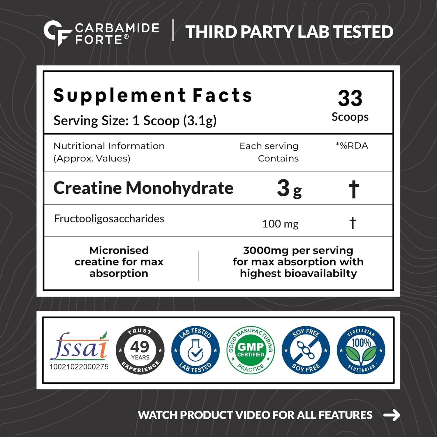 Creatine Micronized Monohydrate Powder | Unflavoured – 33 Servings – 103g