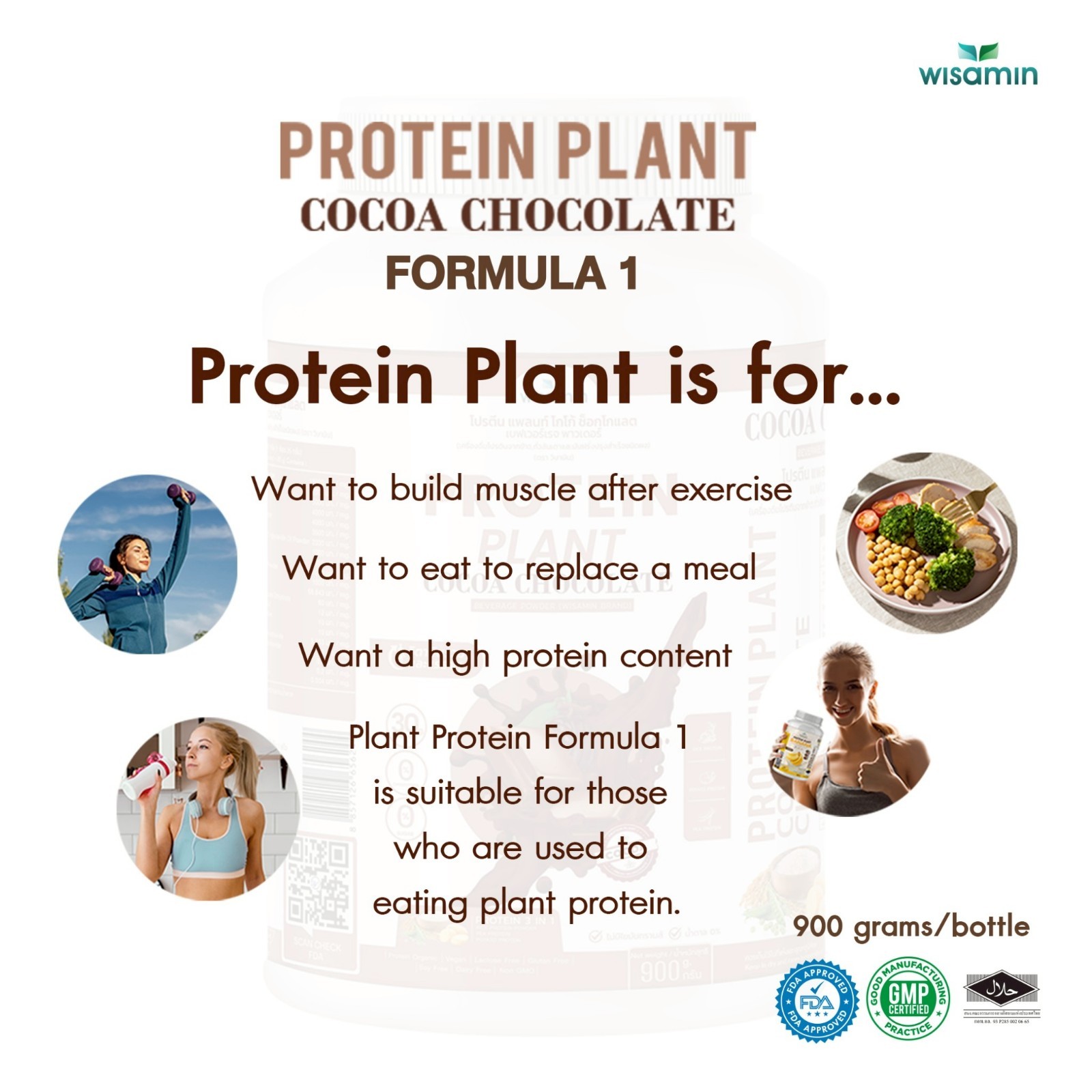 WISAMIN Plant Protein Cocoa Flavor 900g | 30g Protein, Organic, Vegan, No Sugar