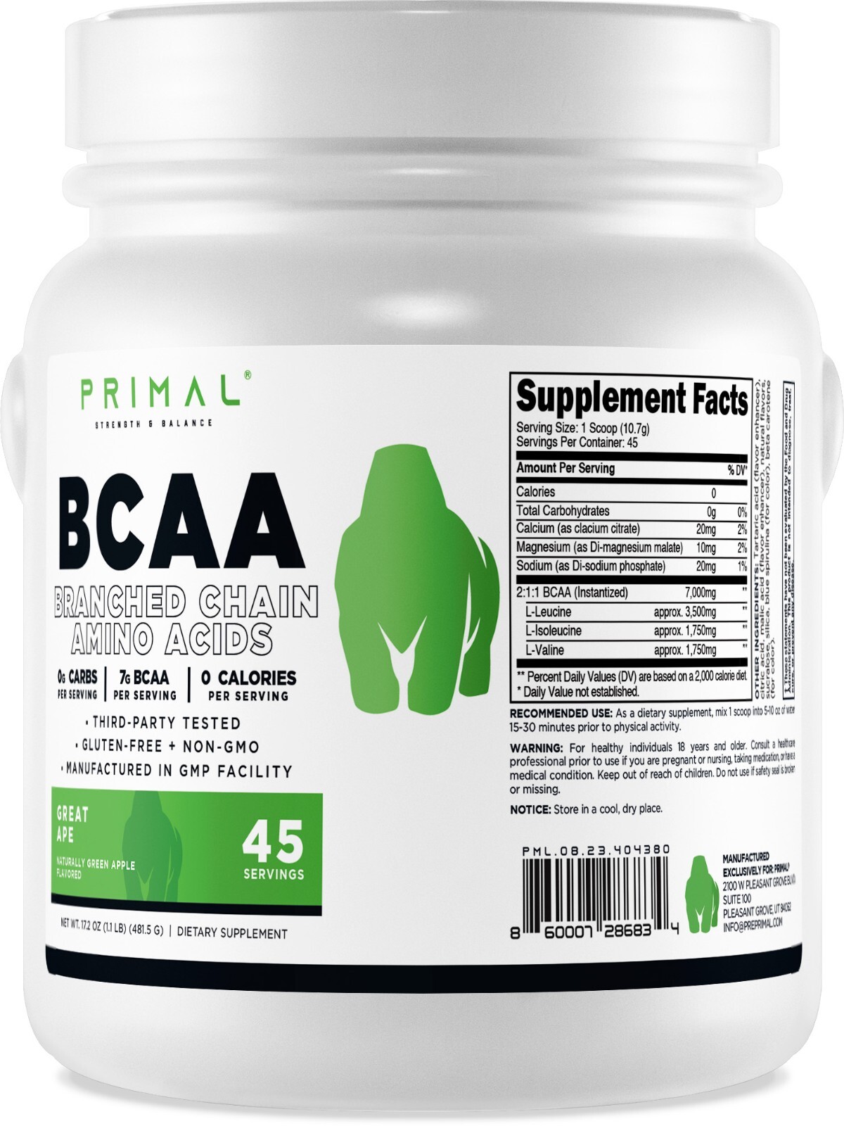 Primal BCAA Powder Great Ape (45 SERV) (Green Apple Flavored) – 0 g Carbs