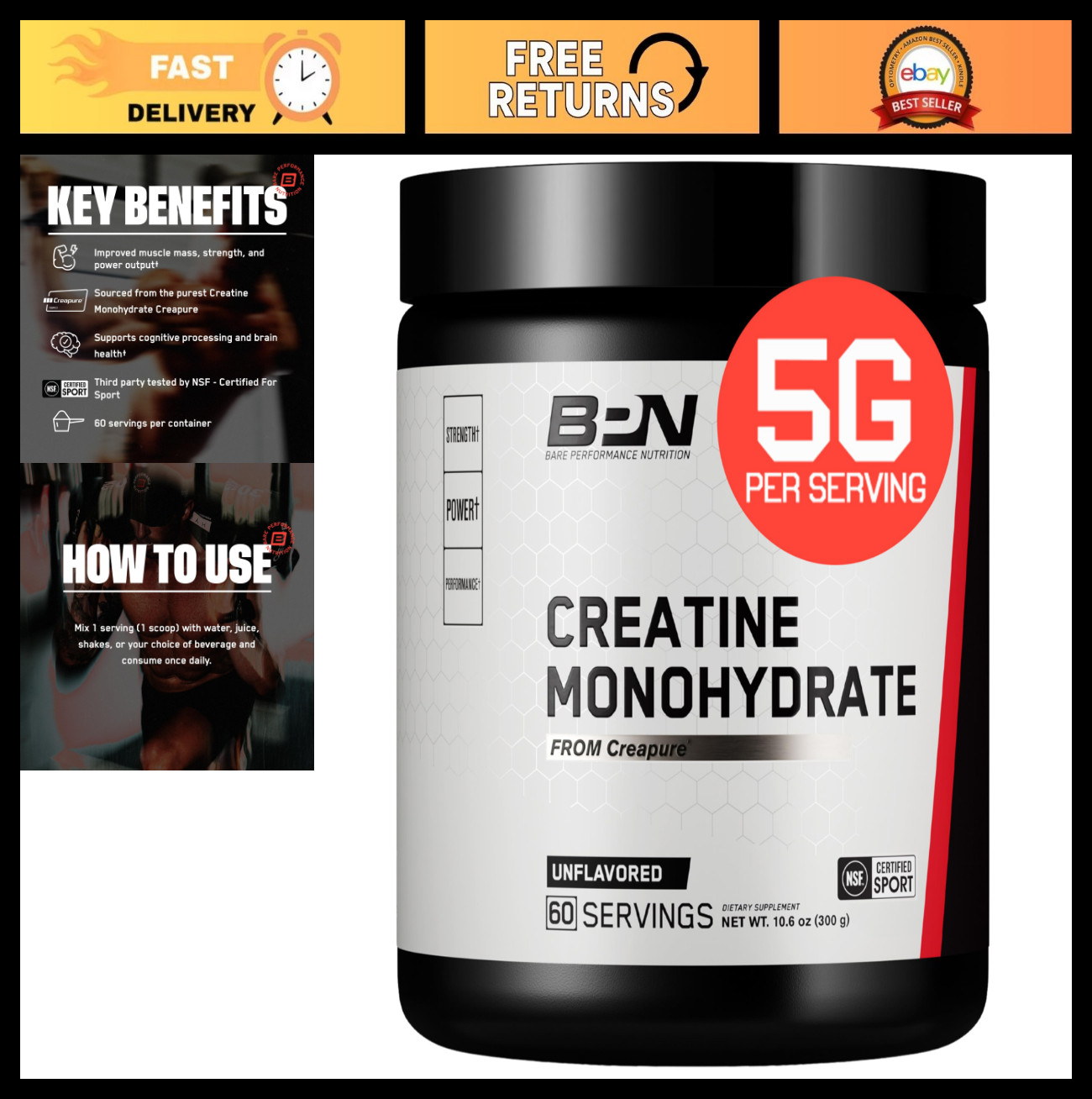 Pure Creatine Monohydrate Powder – 5g per Serving, Unflavored, 60 Servings, Musc