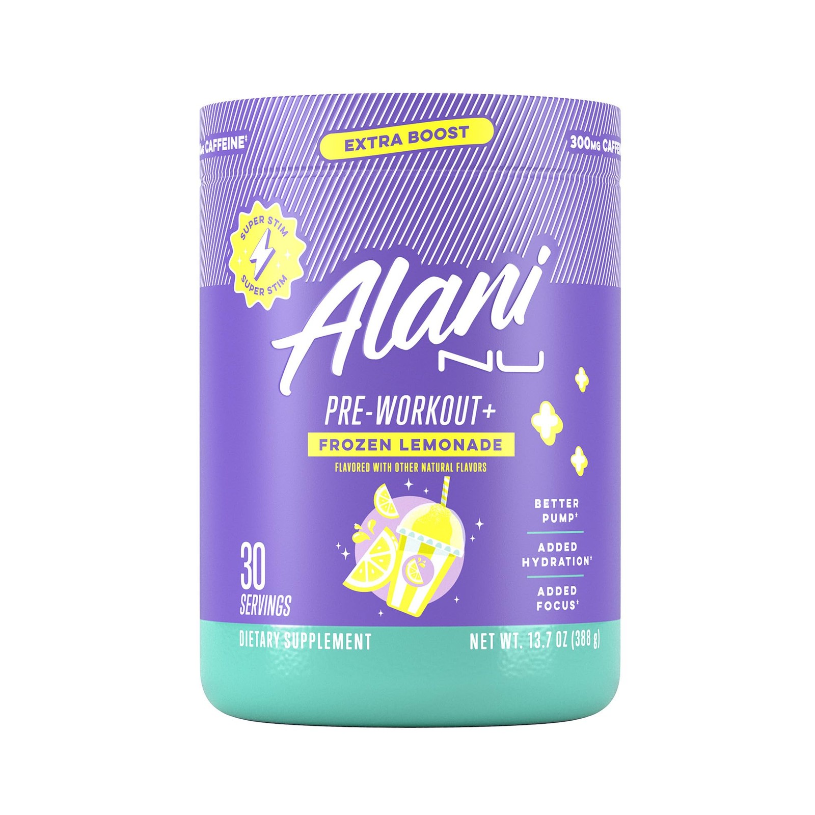 Alani Nu Pre Workout Powder Frozen Lemonade Extra Boost Sugar 300Mg Caffeine
