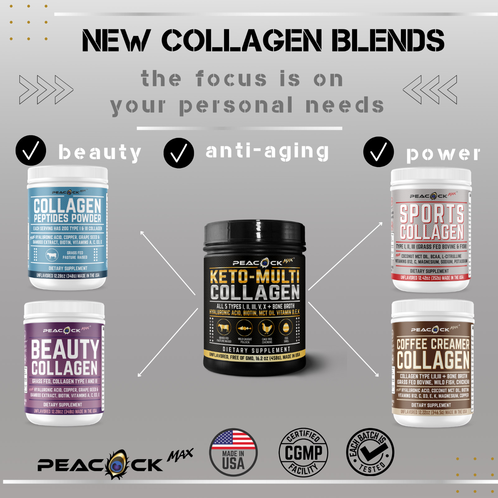 4 pack Keto Collagen Powder 5 Type Bone Broth Hyaluronic Acid MCT Vitamin DK