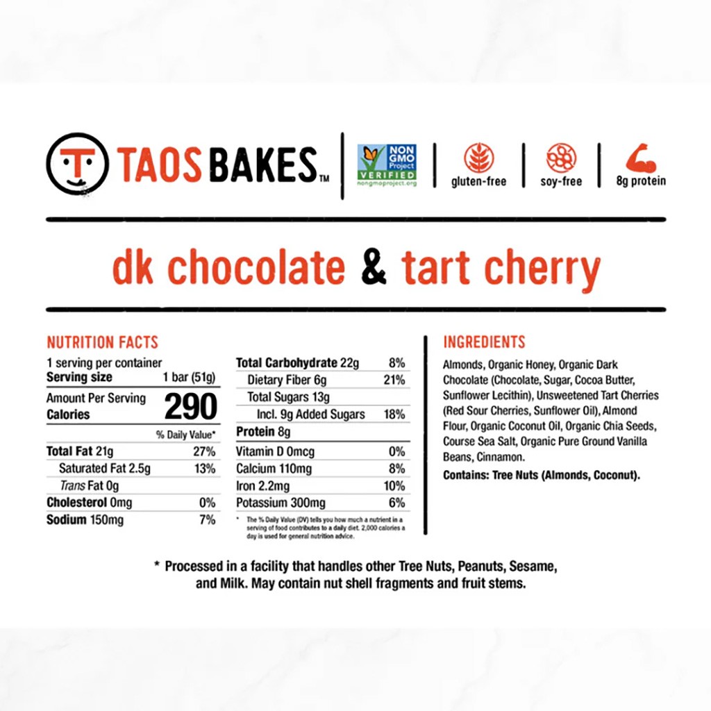 Taos Bakes Energy Bar, Dark Chocolate Tart Cherry, 12/Count