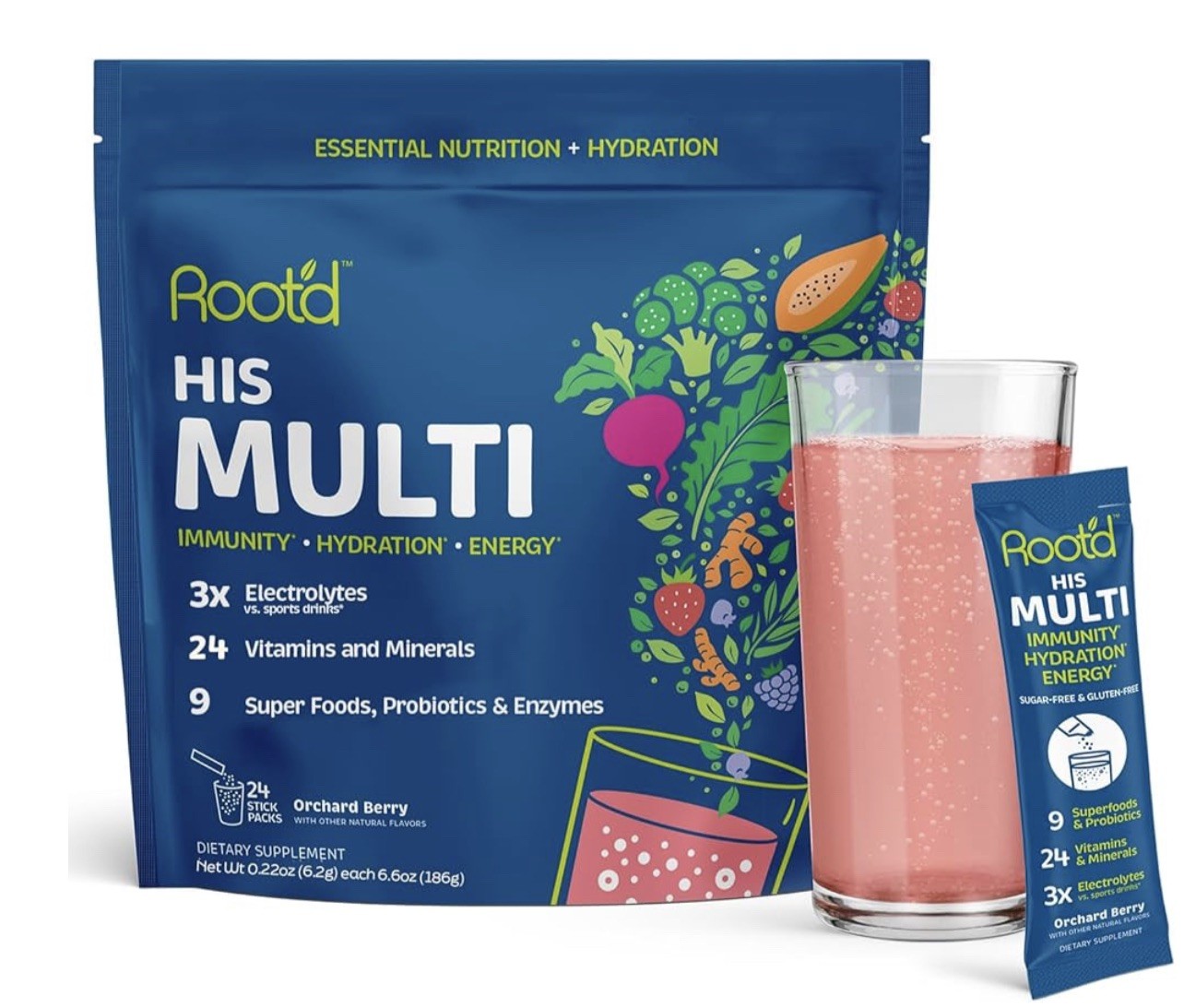 ROOT’D HIS MULTI IMMUNITY HYDRATION, ENERGY ORCHARD BERRY 50 POWDER PACKETS.