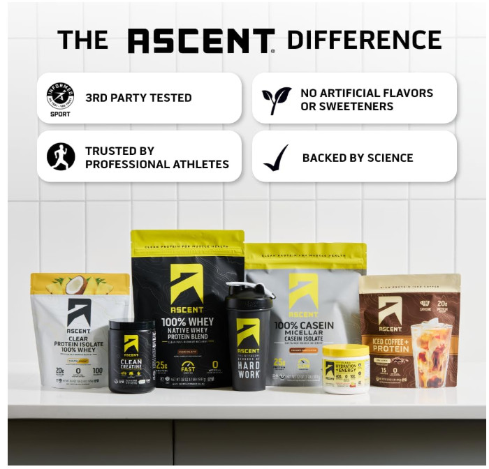 Ascent 100% Whey Protein Isolate Powder Vanilla Bean 2 lb Post Workout Protein