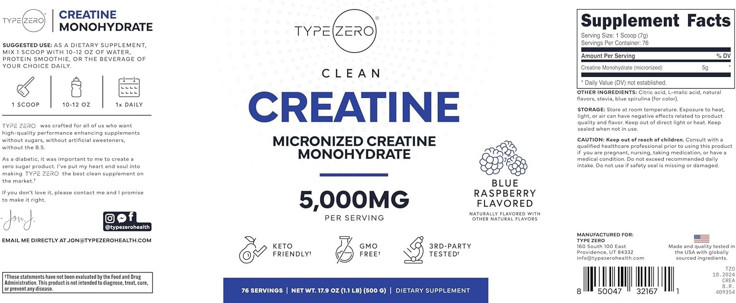TypeZero Creatine Monohydrate Powder 500 Grams – Blue Raspberry Flavor – 1.1 lbs