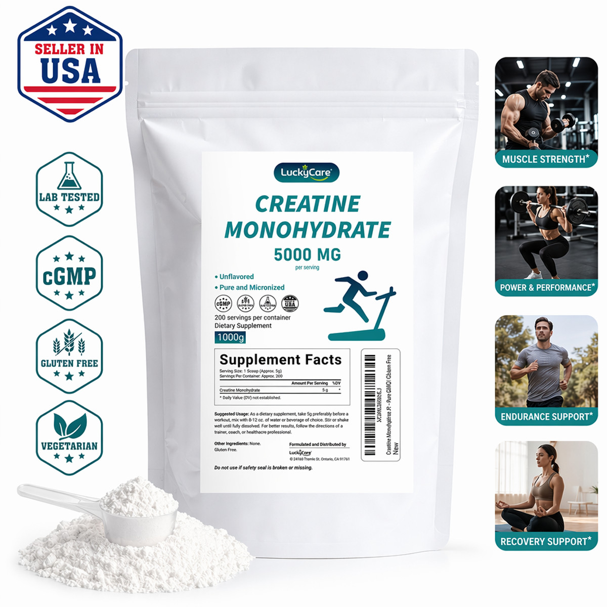 Pure Creatine Monohydrate, 2.2 lbs | Micronized Powder | 200 Servings (5g Each)