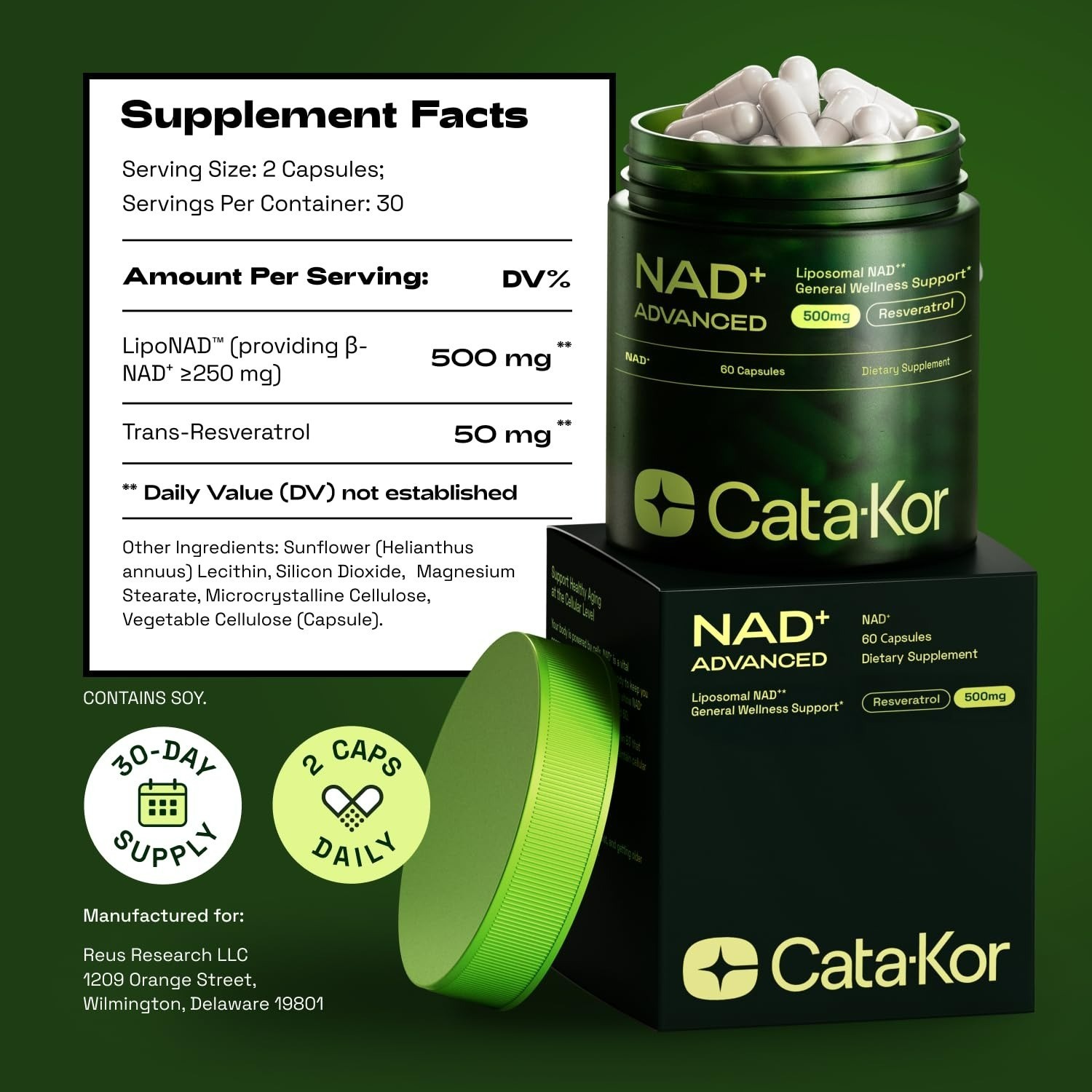 Cata-Kor Liposomal NAD+ Supplement with Resveratrol – 60 Capsules