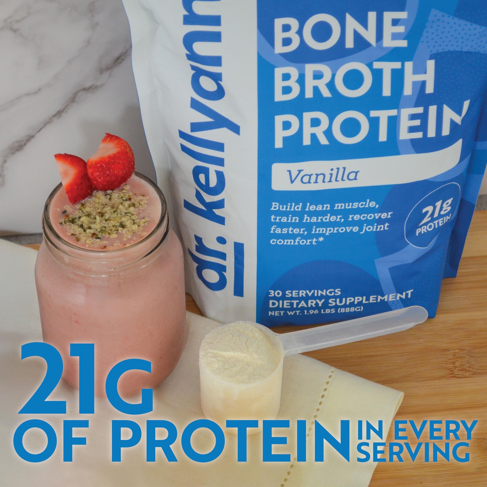 Dr. Kellyann Bone Broth Protein Powder Vanilla (30 Servings) – 21g Protein, Gras