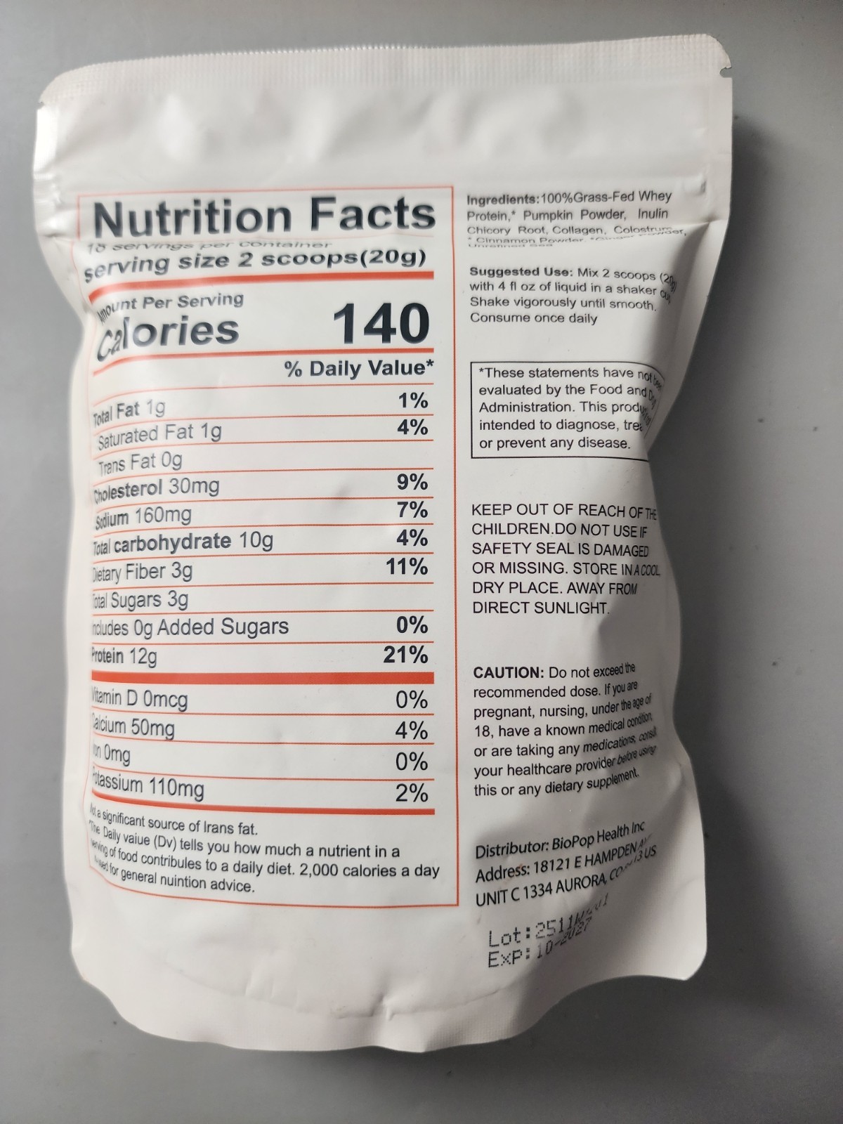 Farmer Protein Bovine Colostrum Powder Pumpkin Pie Flavor 12.7oz Bag EXP 10/2027