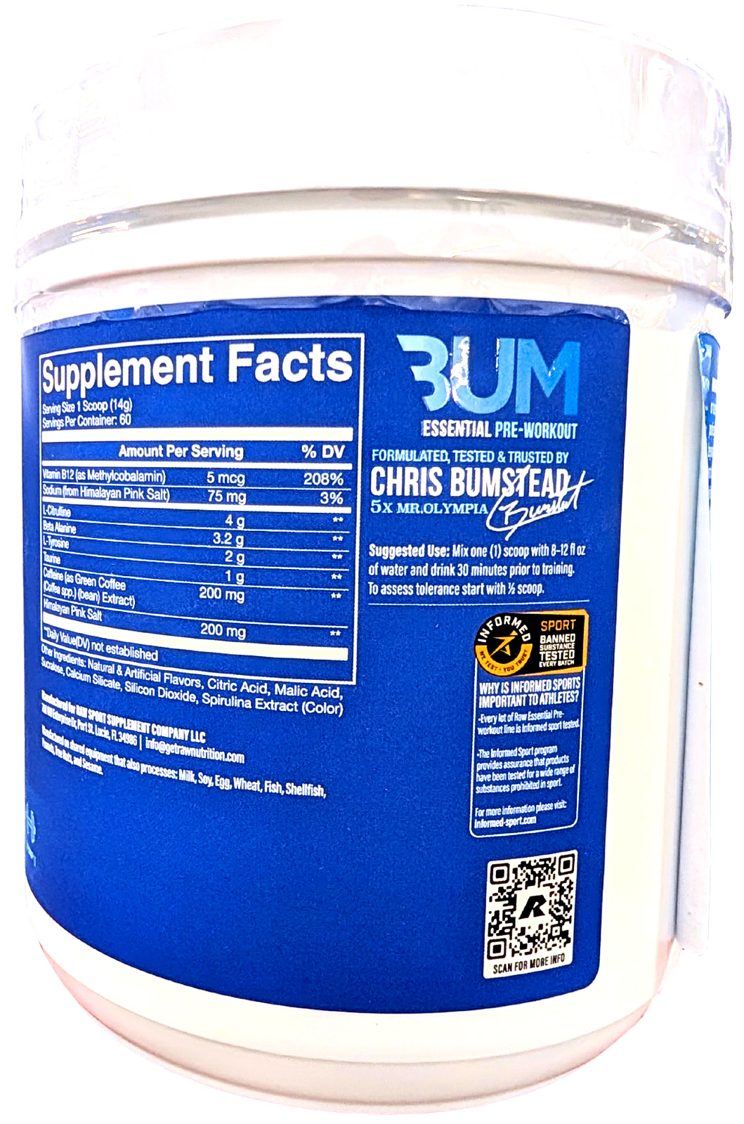 RAW Nutrition CBUM Essential Pre Workout Powder Blue Raspberry 1.78 lbs.EXP 2/27
