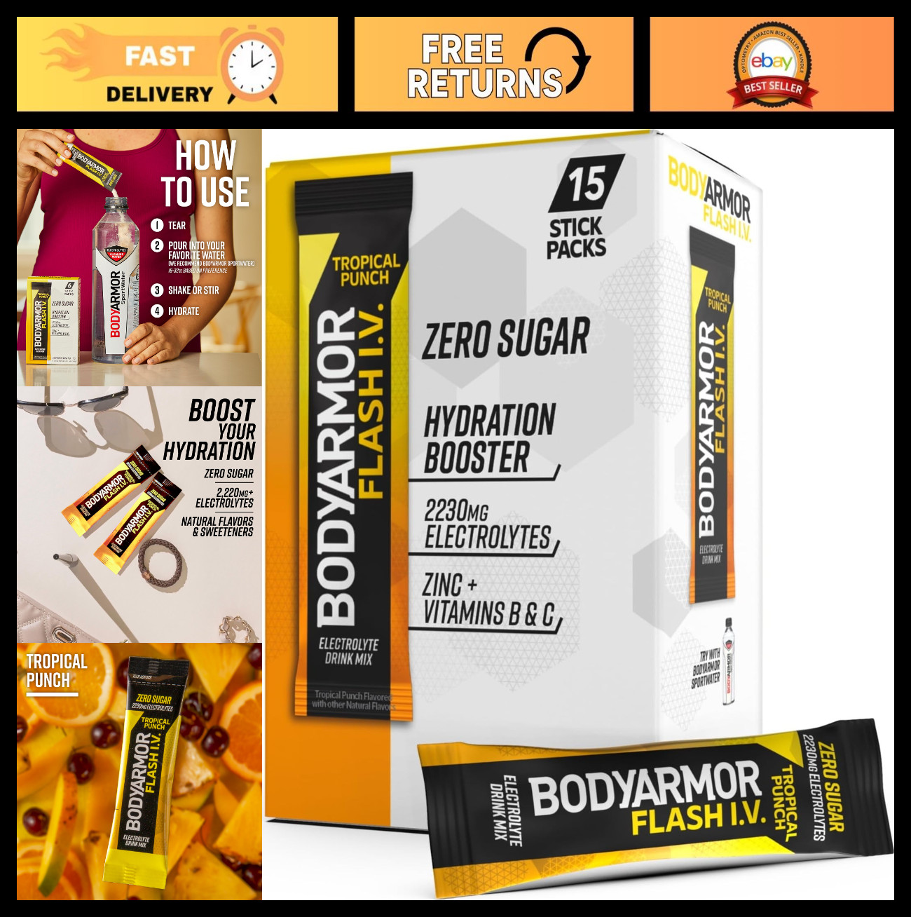 Electrolyte Drink Mix Packets, Tropical Punch, Zero Sugar, Coconut Water Powder,