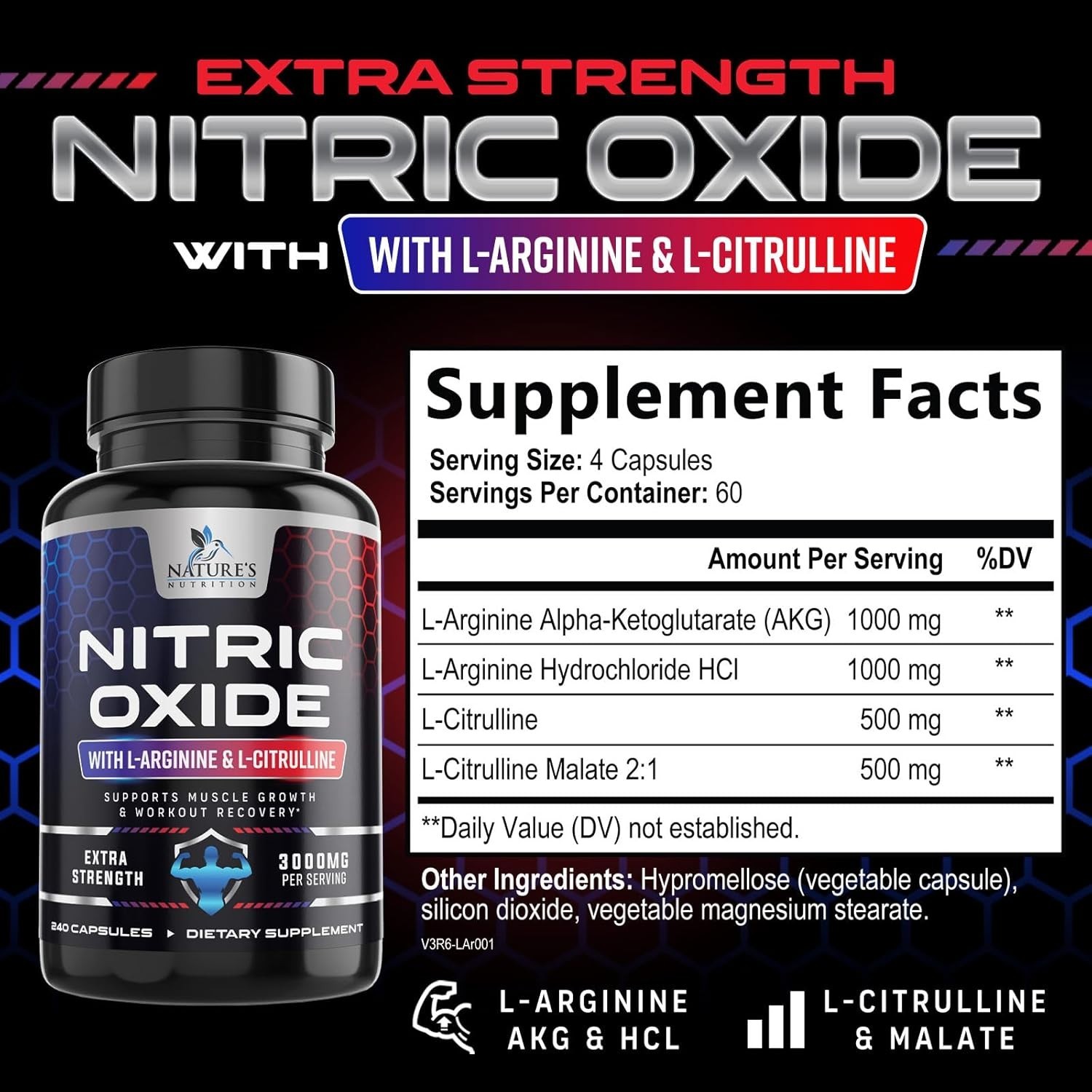 Nitric Oxide Booster Extra Strength 3000mg – L Arginine 3X Strength 240 pills