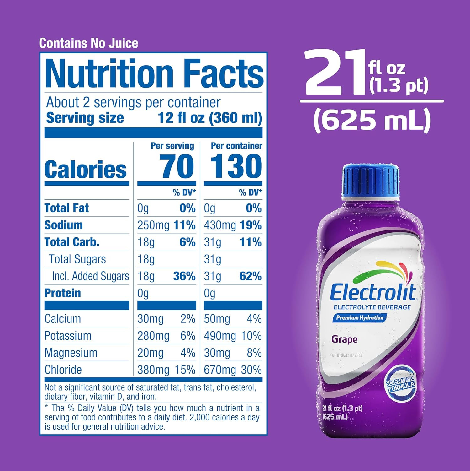 Electrolit, Electrolyte Beverage, Grape, 21 Fl Oz Bottle (Pack of 12)