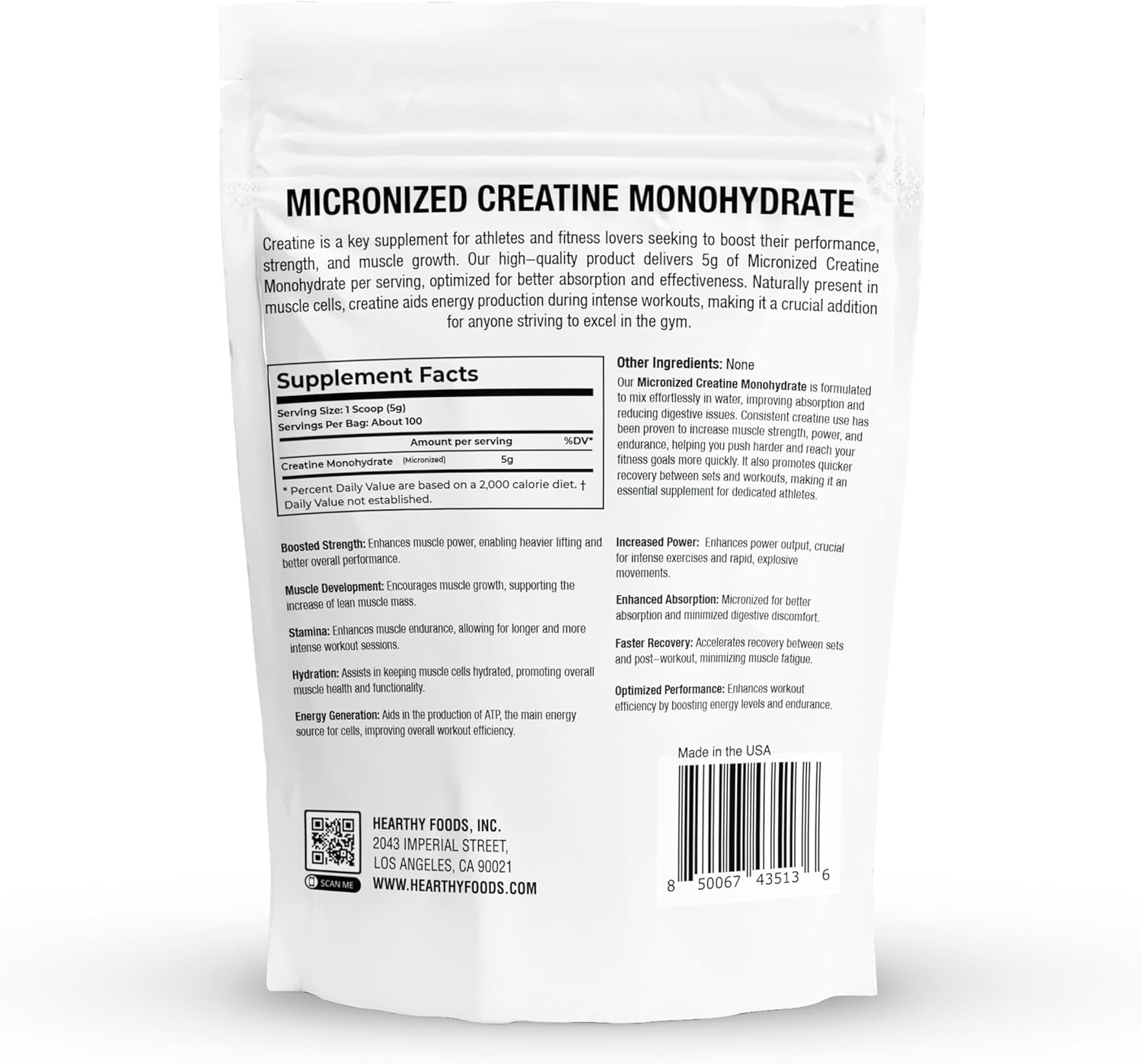 HEARTHY FOODS Creatine Monohydrate Micronized Powder 500G – 100 Servings, 5000mg