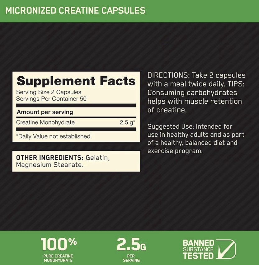 Optimum Nutrition Creatine Monohydrate Capsules 100ct 2.5g Banned Tested