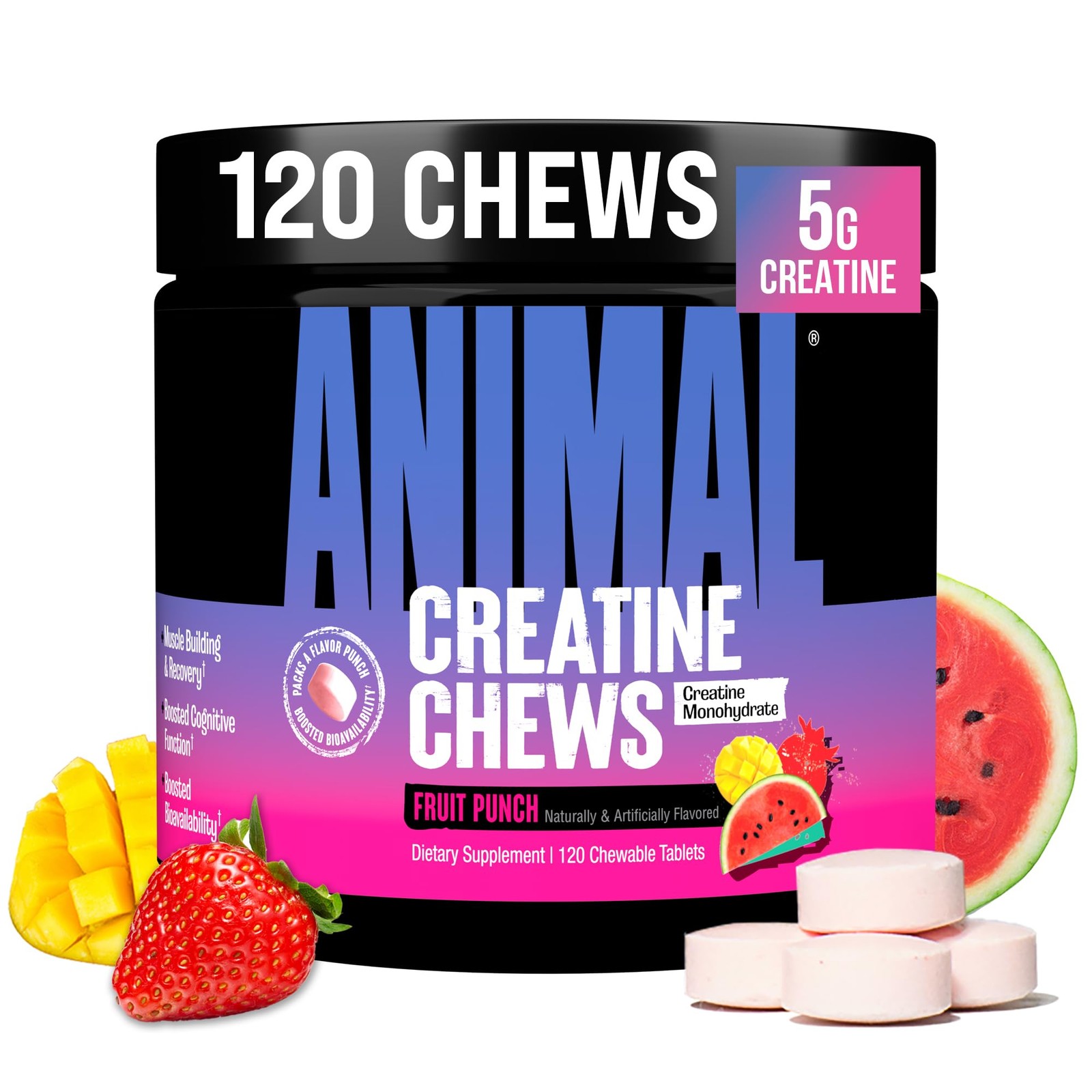 Animal Creatine Chews Tablets – Enhanced 120 Count (Pack of 1), Fruit Punch