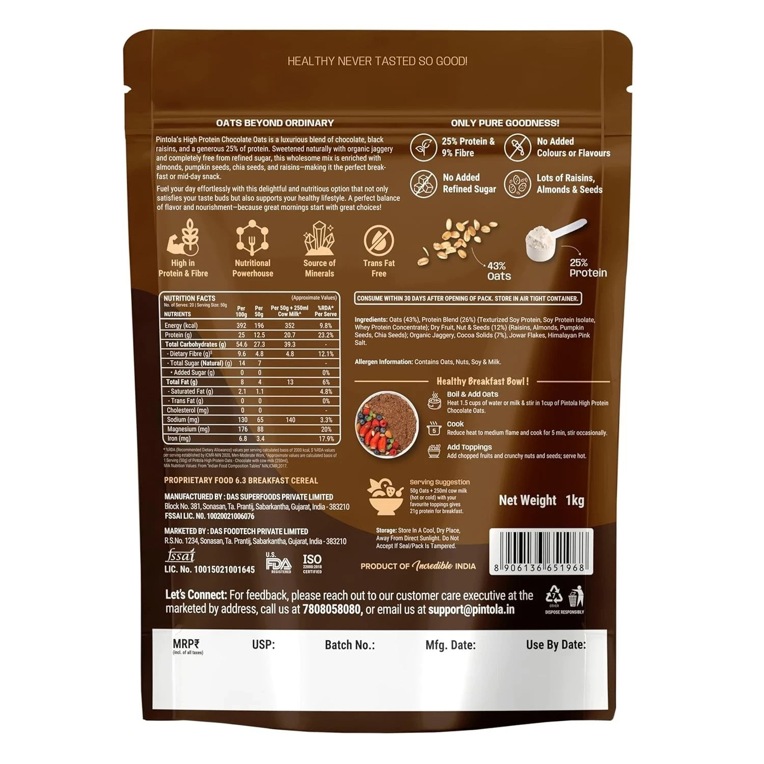 PINTOLA 25g High Protein Oats 1kg, Dark Chocolate for weight loss, Breakfast