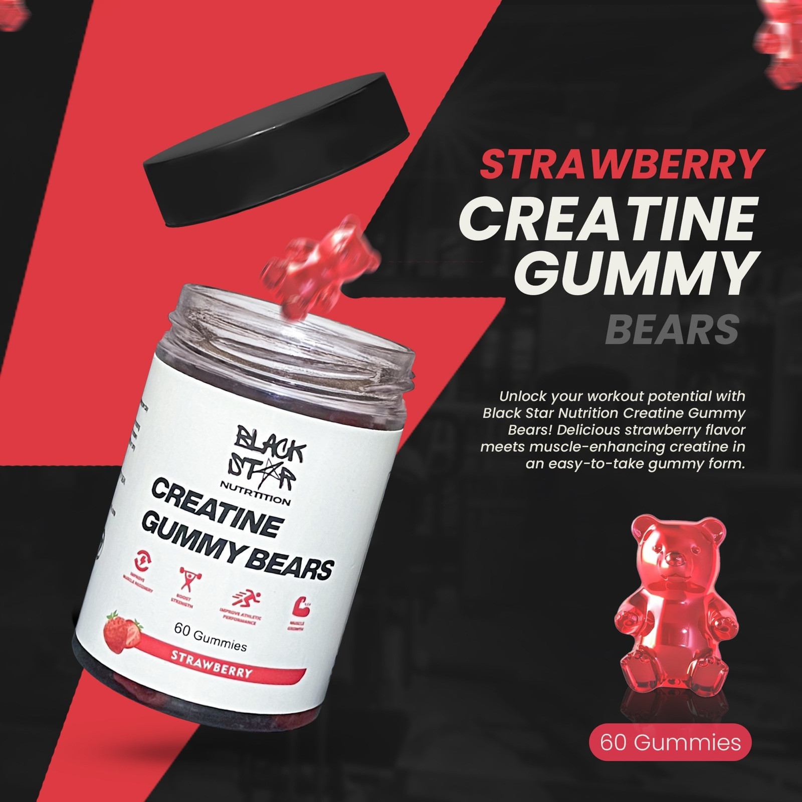 Blackstar Creatine Gummies, Creatine Monohydrate for Muscle Gain, 5g Dose