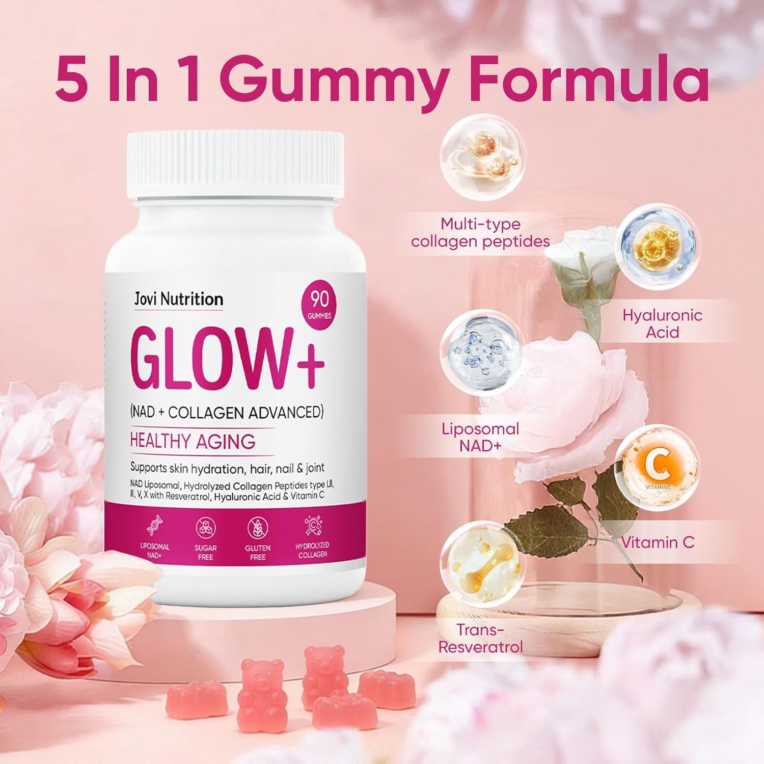 Jovi Glow+ NAD+ & Collagen Gummies, Multi-Type Hydrolyzed Collagen Peptides, Res