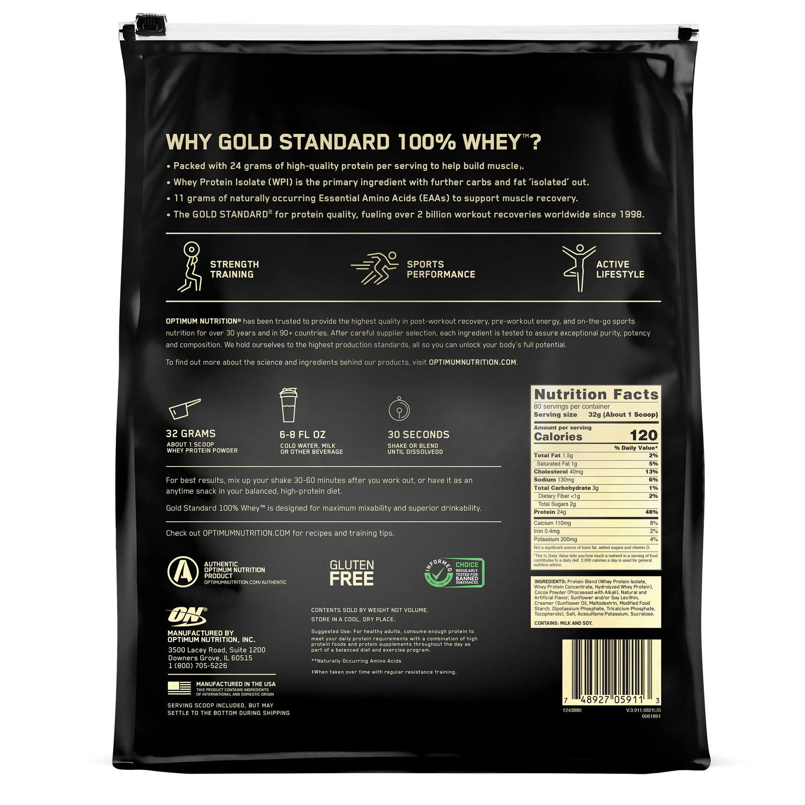 Optimum Nutrition Gold Standard 100% Whey Protein Powder Milk Chocolate 5.64 lbs