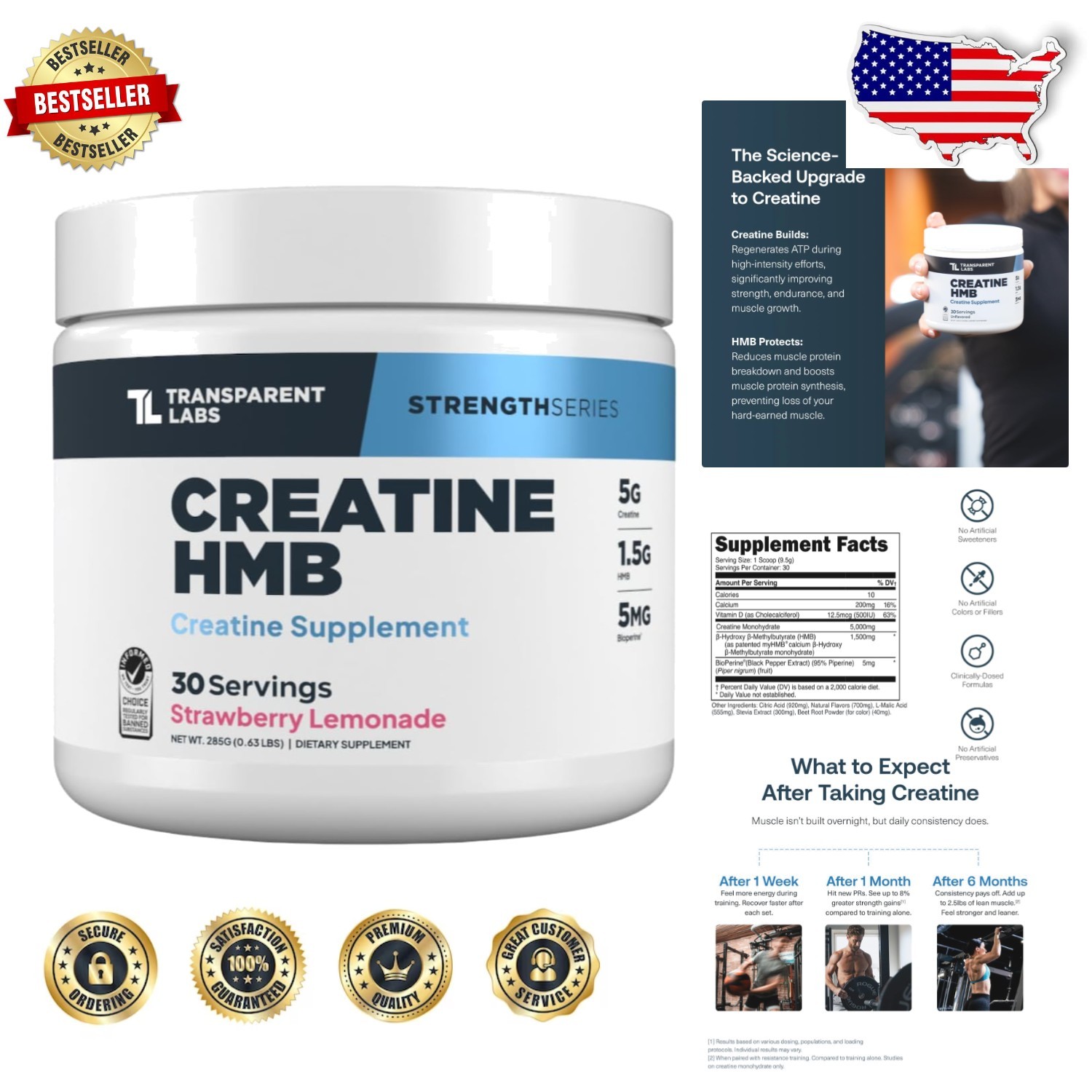 Creatine HMB Powder Lean Physique Energy 30 Servings Strawberry Lemonade